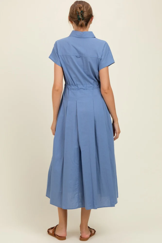 Blue Button Down Shirt Maternity Maxi Dress - Image 3