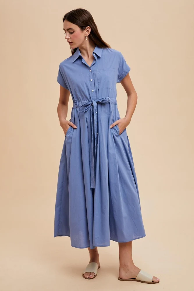 Blue Button Down Shirt Maternity Maxi Dress - Image 4