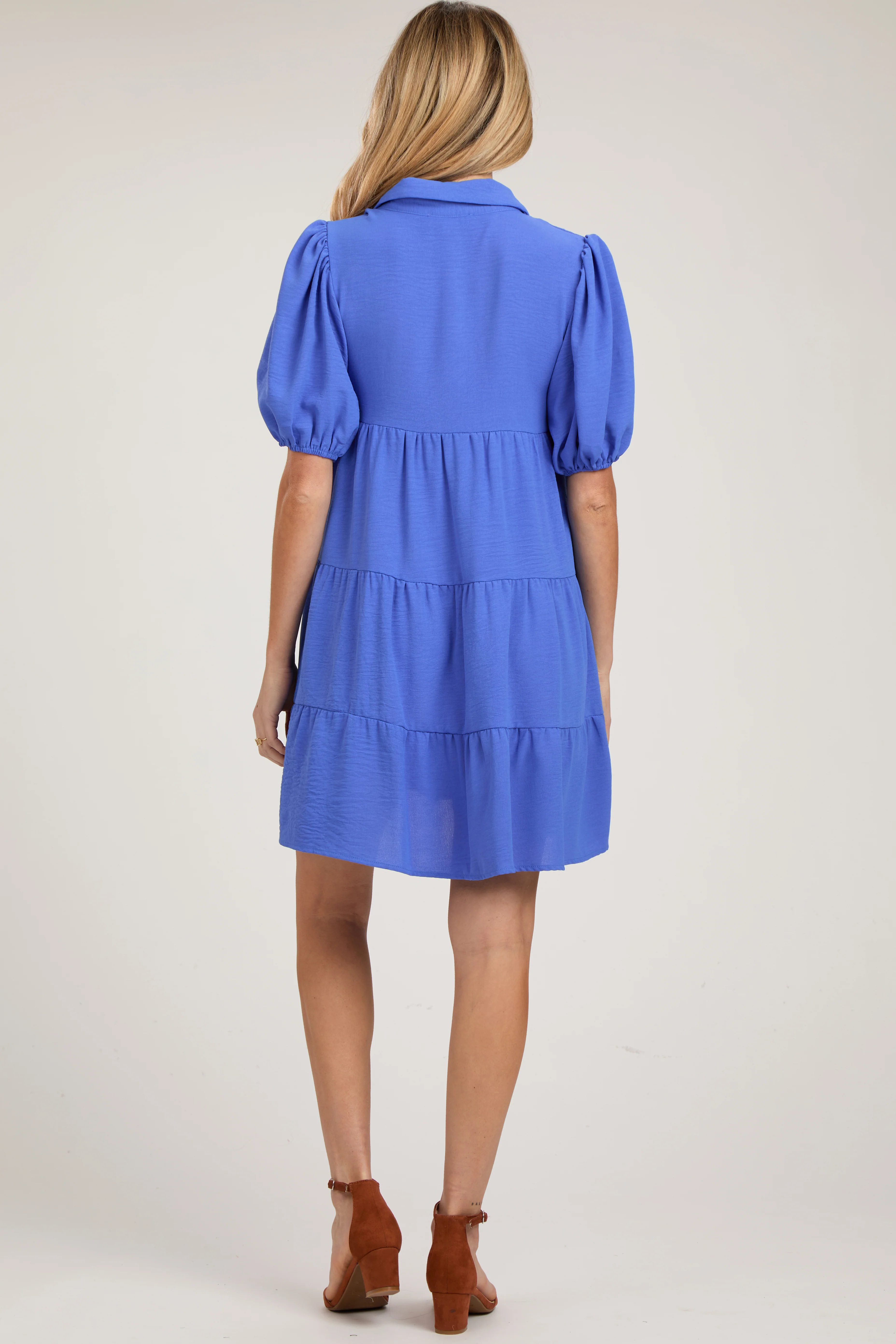 Blue Button Front Tiered Collared Maternity Dress - Image 4