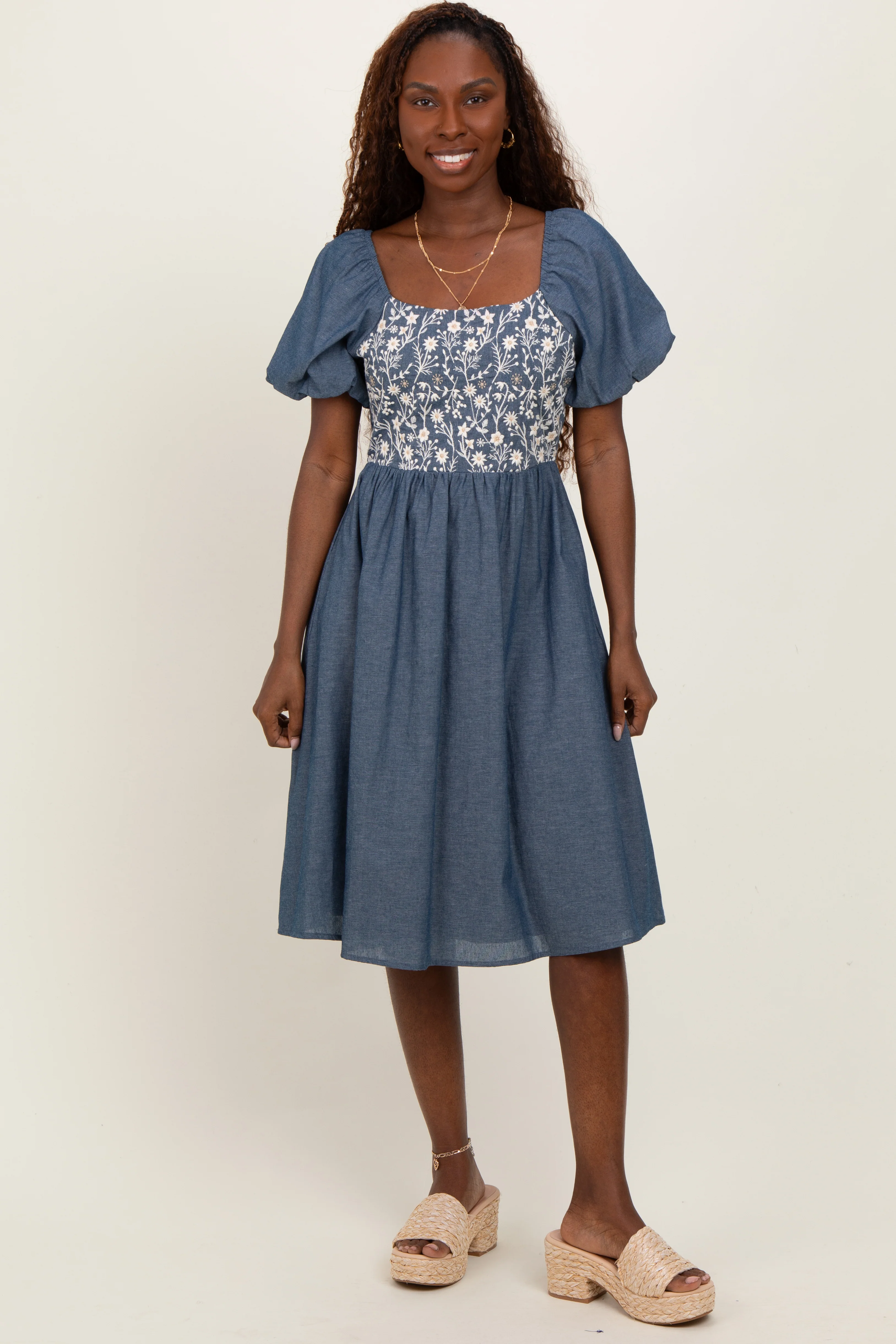 Blue Chambray Floral Embroidered Short Sleeve Maternity Midi Dress - Image 3