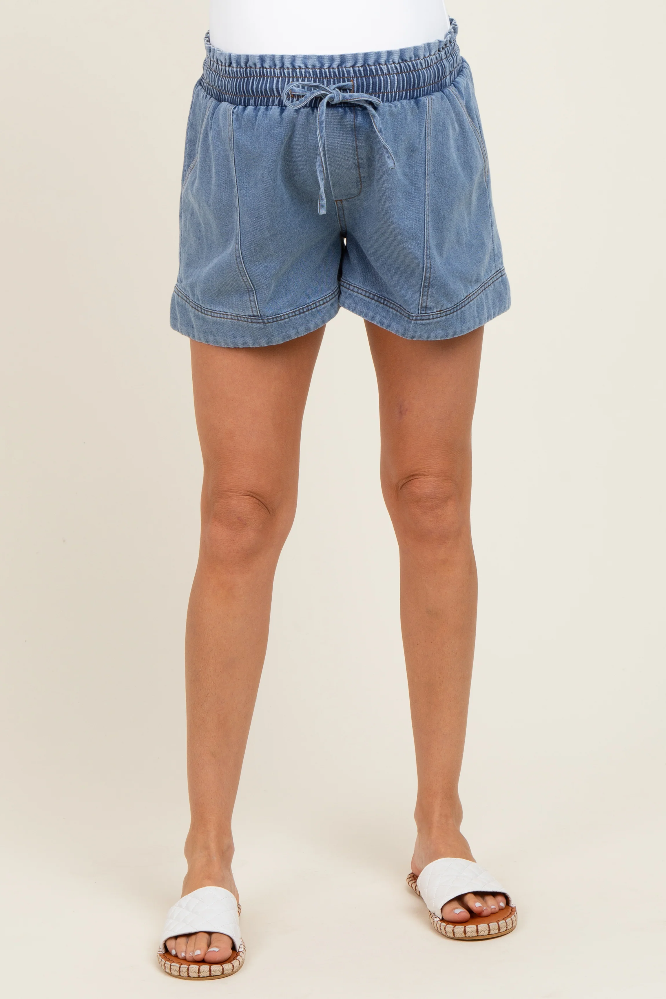 Blue Chambray Smocked Drawstring Waist Maternity Shorts - Image 3