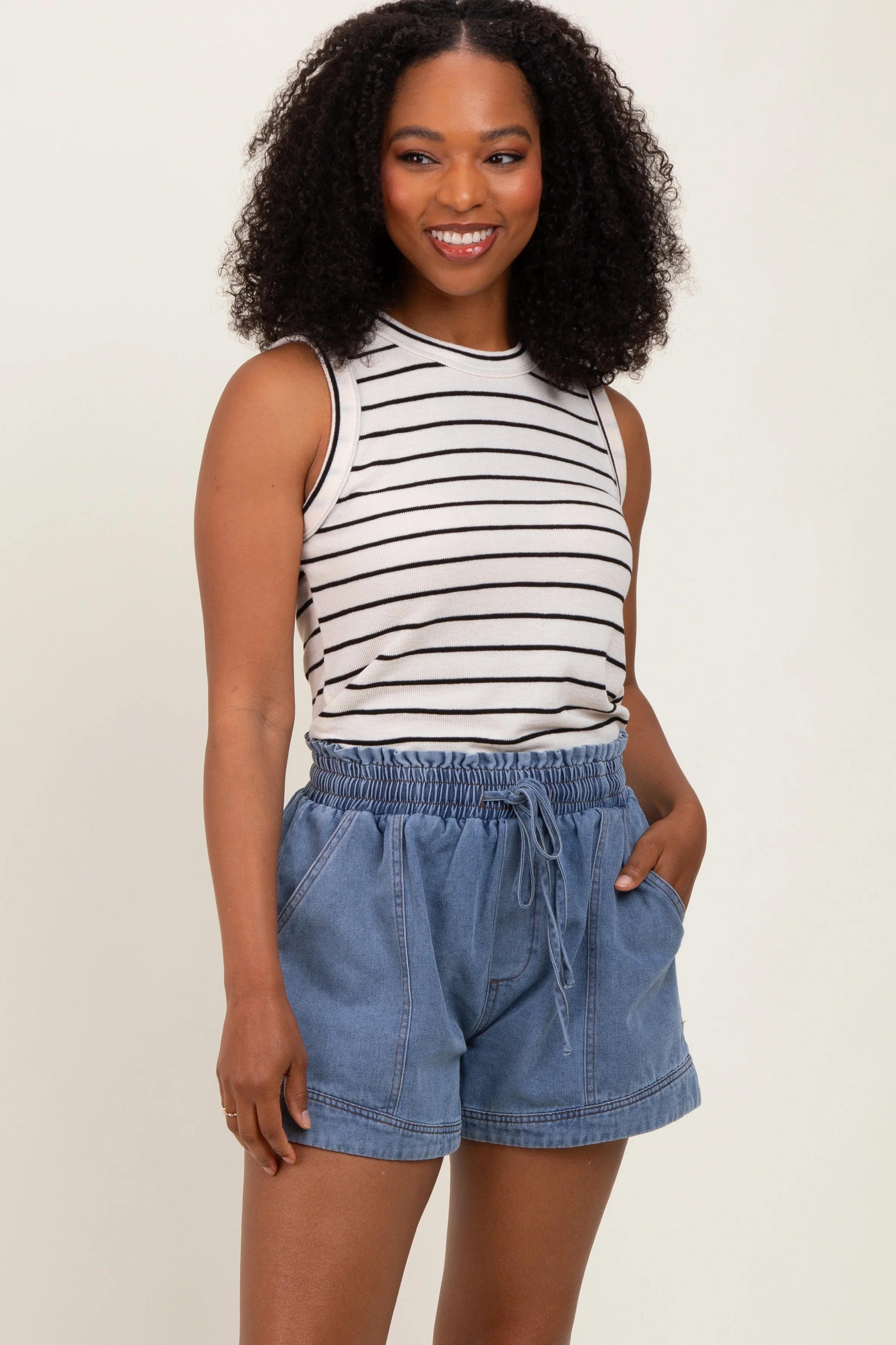 Blue Chambray Smocked Drawstring Waist Maternity Shorts - Image 6