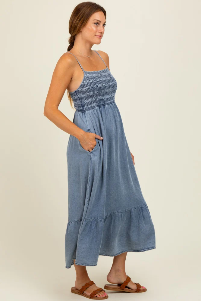 Blue Chambray Smocked Midi Dress - Image 4