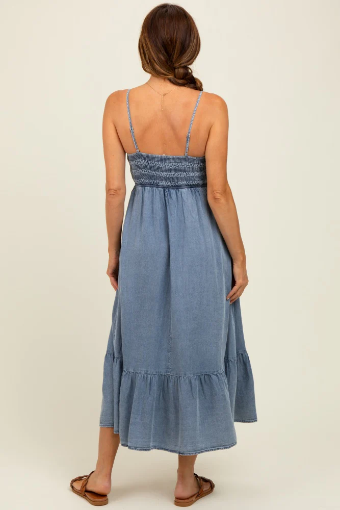 Blue Chambray Smocked Midi Dress - Image 5