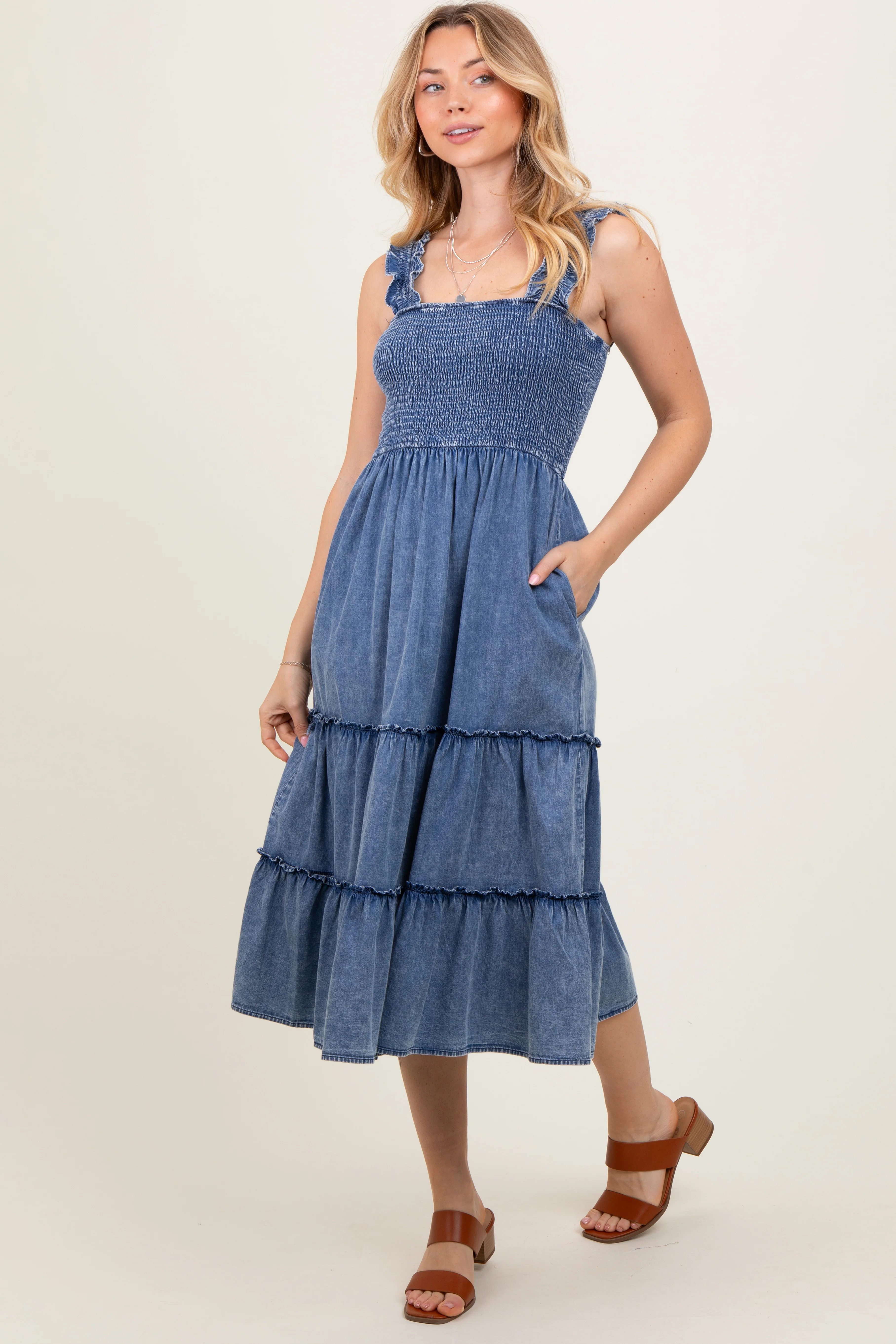 Blue Chambray Smocked Ruffle Tiered Midi Dress - Image 3