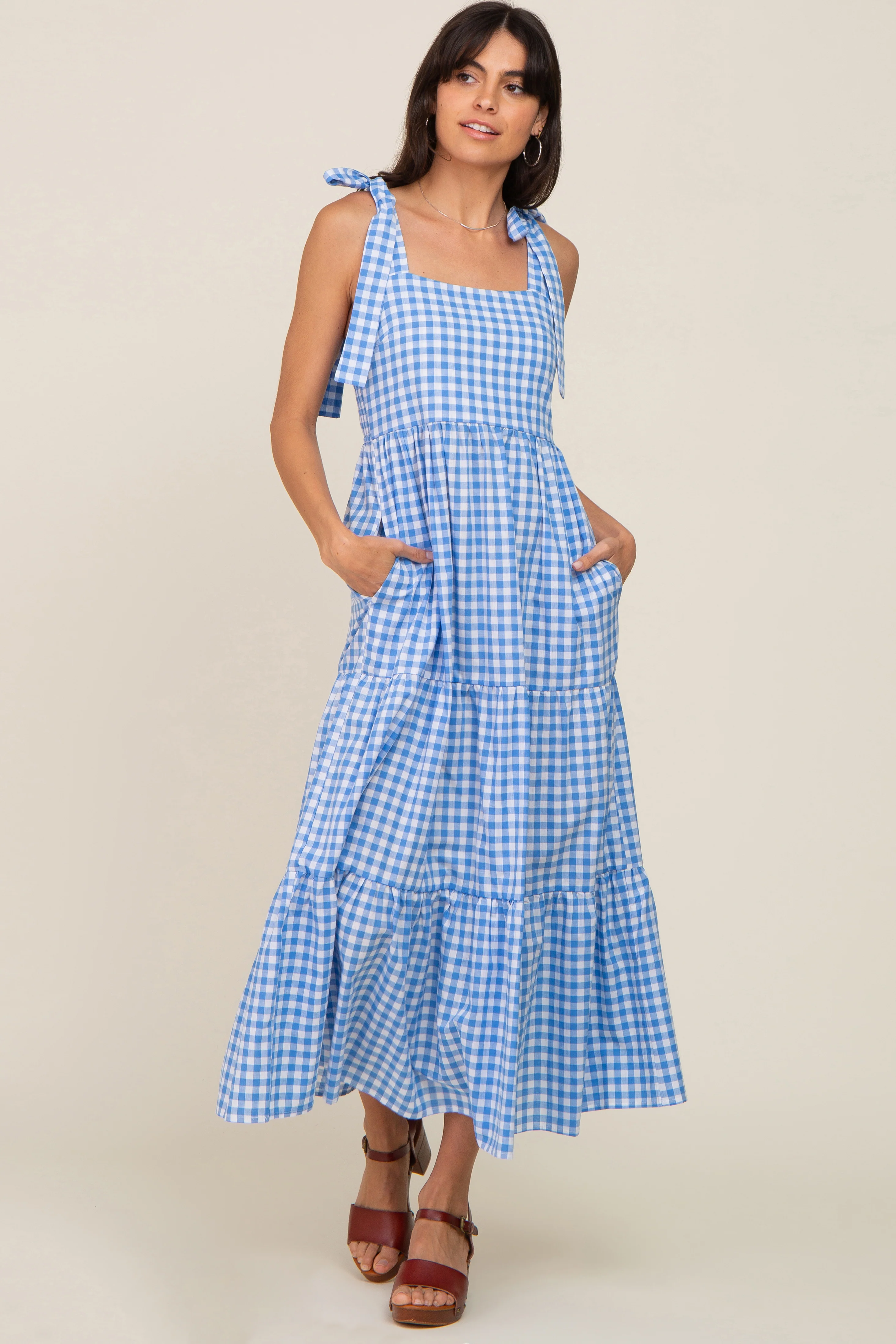 Blue Checkered Sleeveless Tiered Maternity Maxi Dress - Image 9