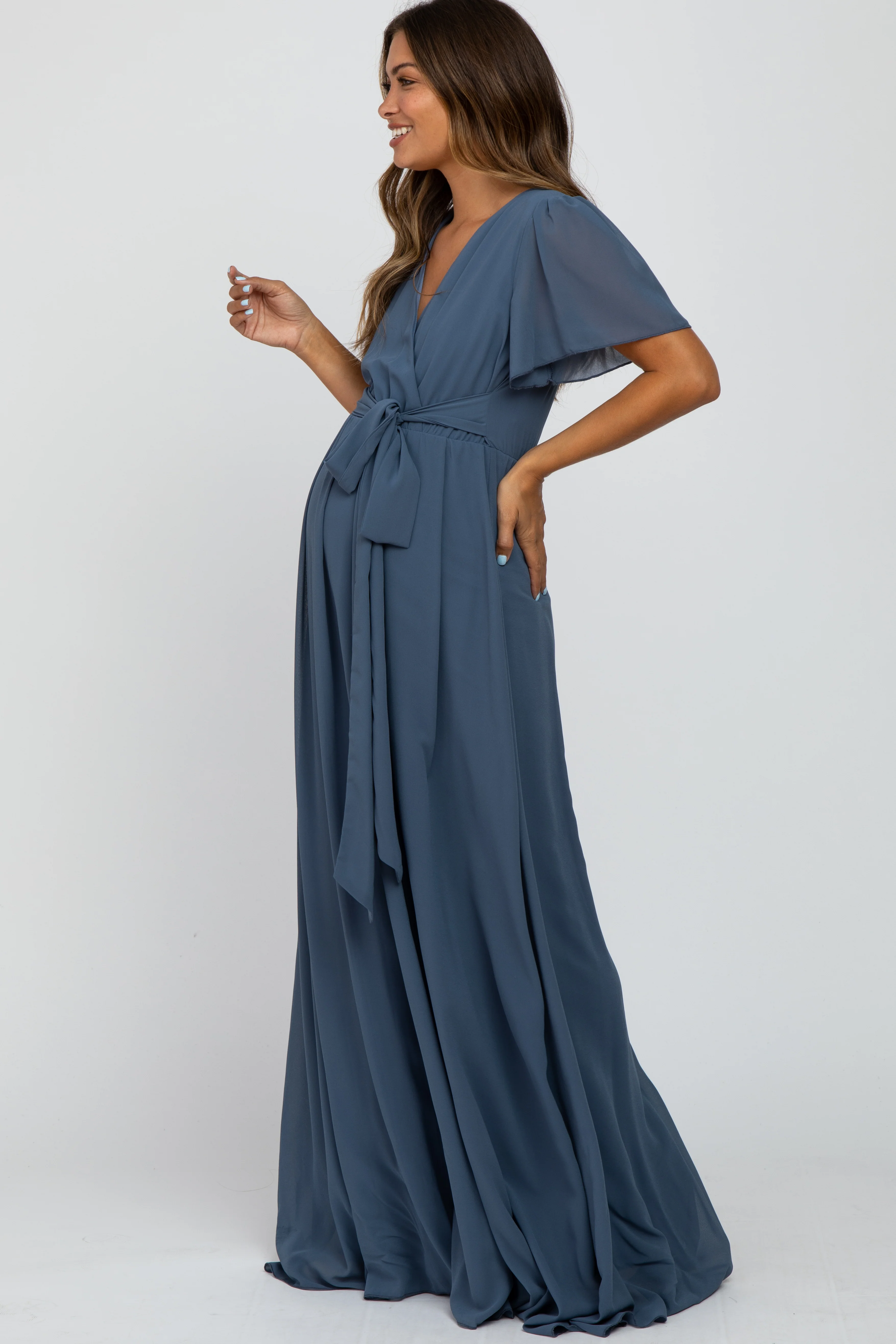 Blue Chiffon Short Sleeve Maternity Maxi Dress - Image 2