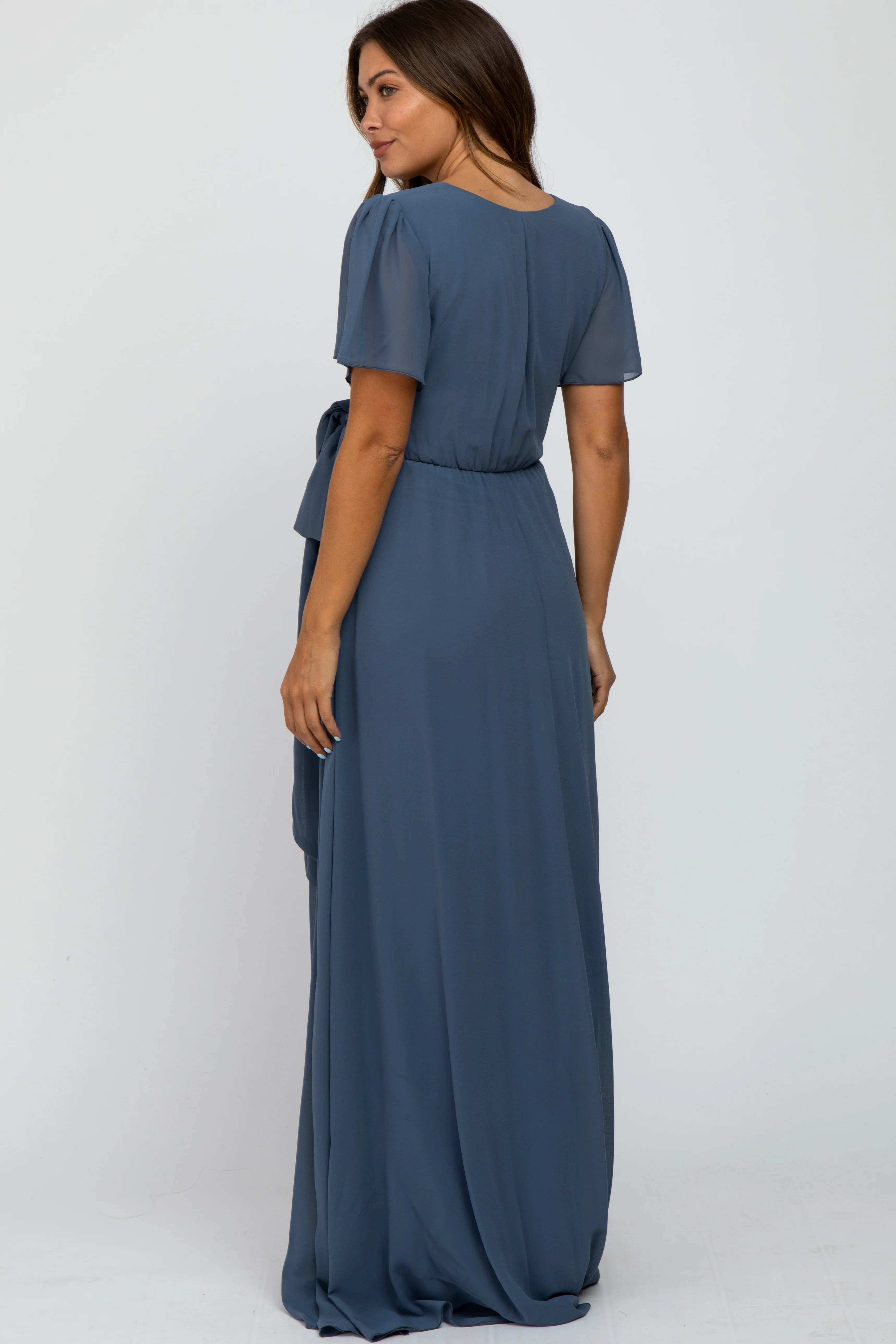 Blue Chiffon Short Sleeve Maternity Maxi Dress - Image 3