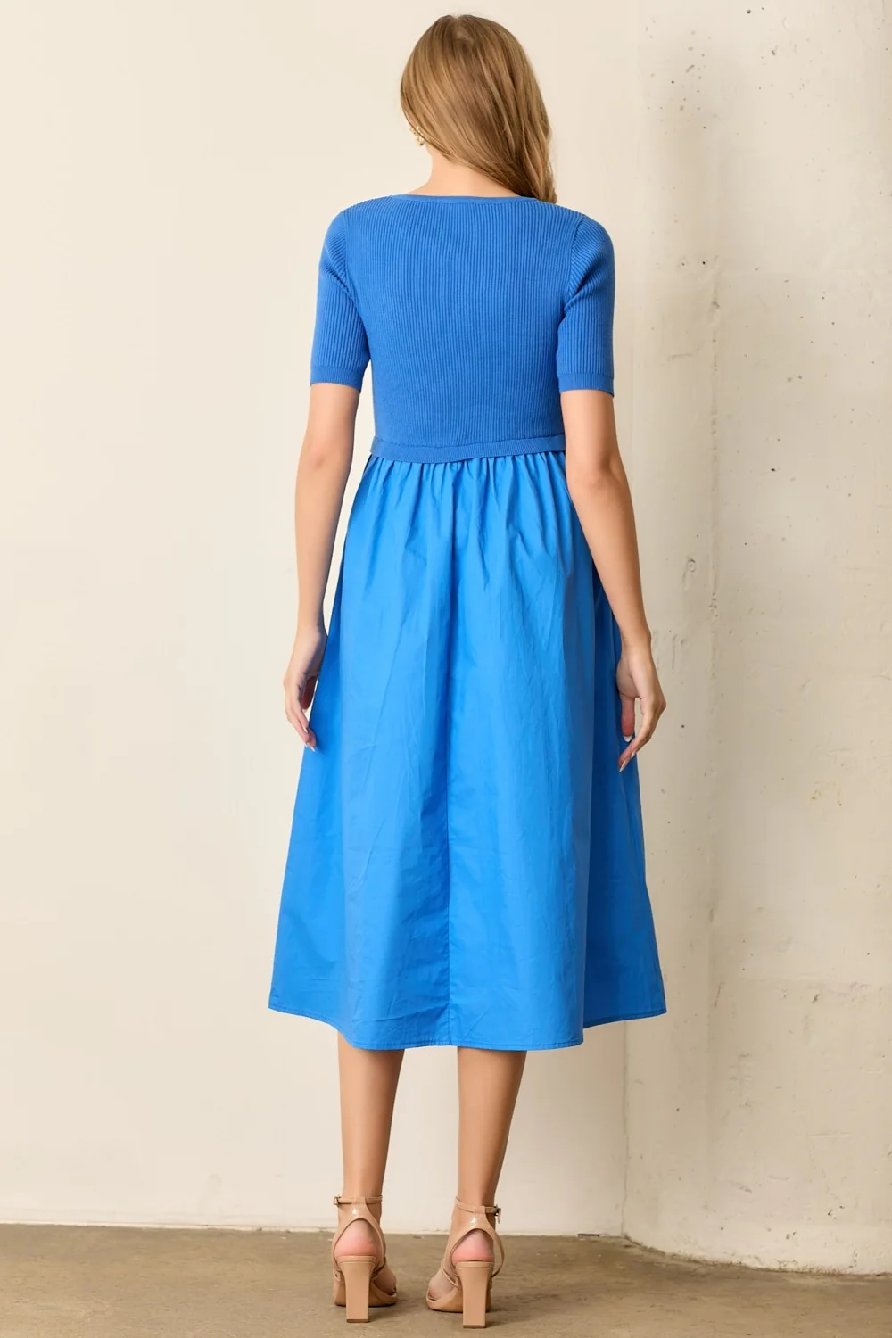 Blue Contrast Knit Top Midi Dress - Image 3