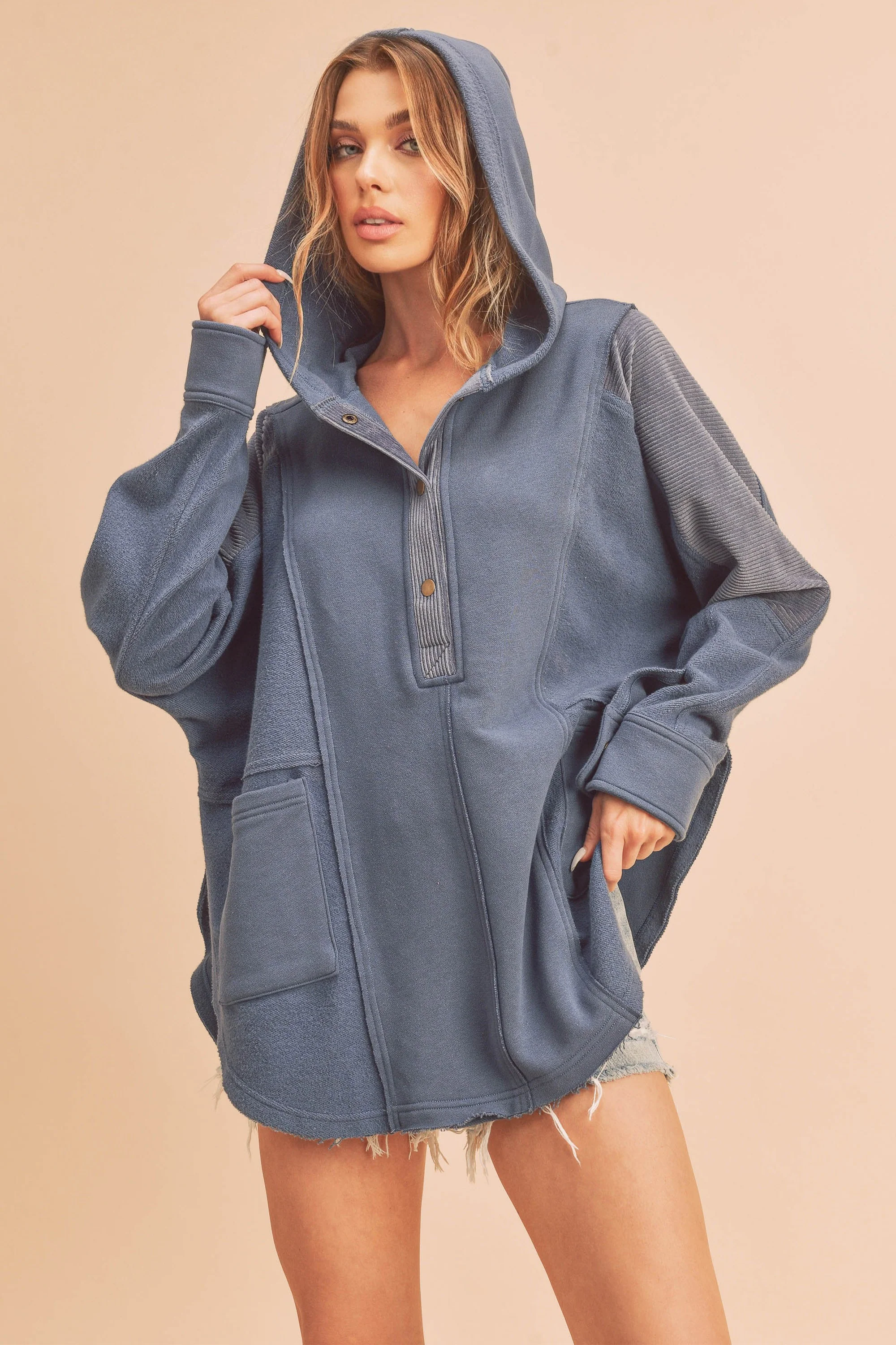 Blue Corduroy Contrast Oversized Maternity Hoodie - Image 4