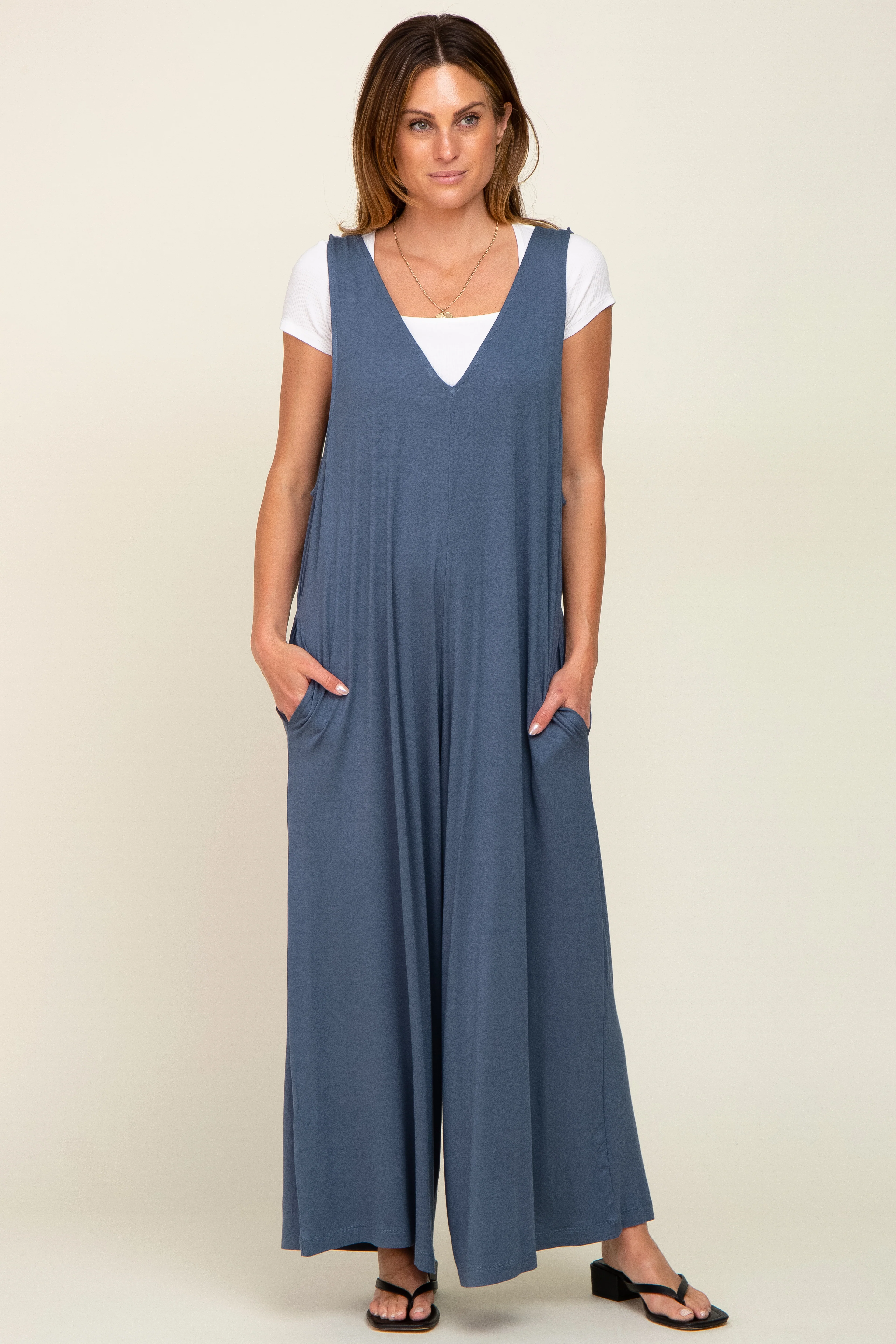 Blue Deep V Sleeveless Wide Leg Jumpsuit - Image 5
