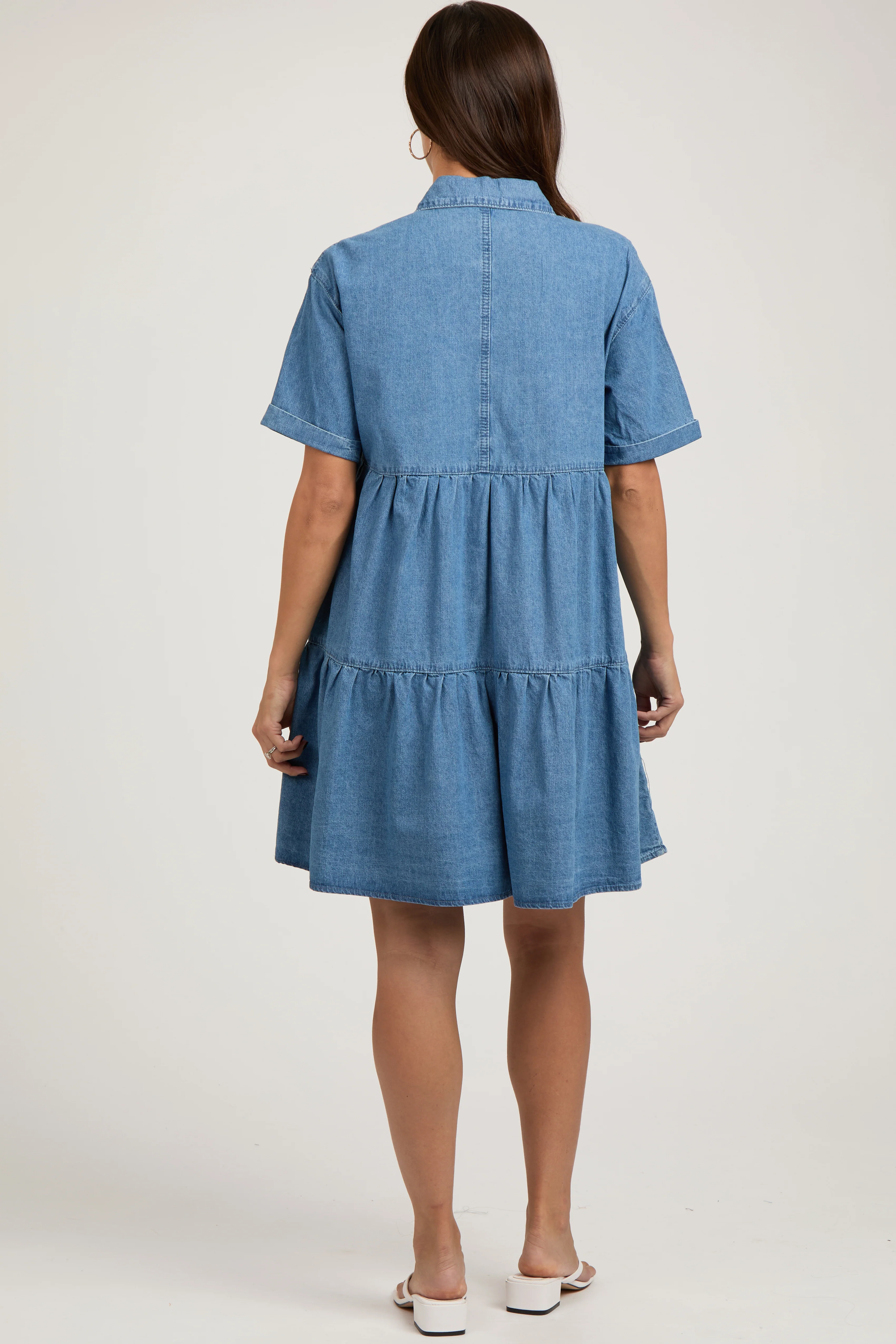 Blue Denim Button Down Tiered Maternity Dress - Image 3