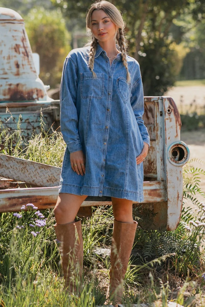 Blue Denim Heart-Pocket Maternity Shirt Dress - Image 5