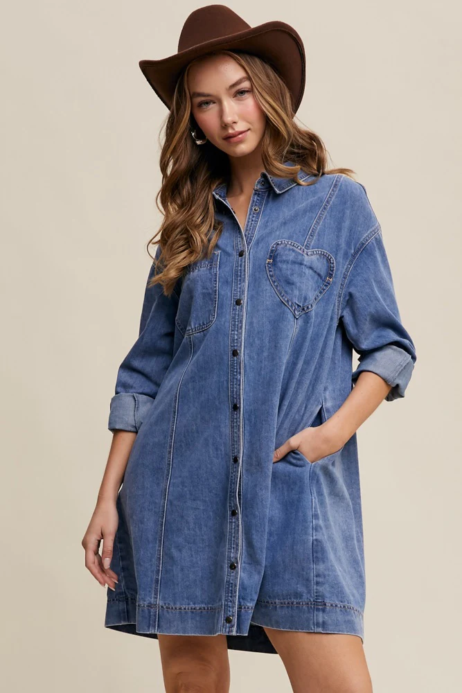 Blue Denim Heart-Pocket Shirt Dress - Image 3