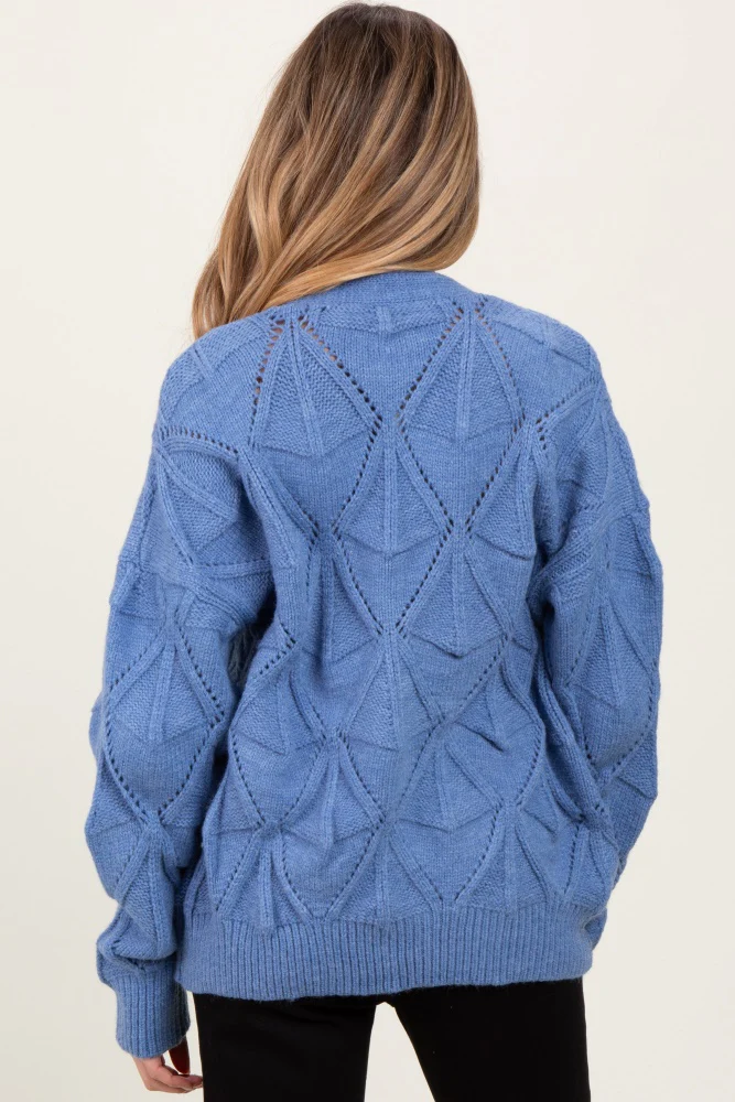 Blue Diamond Knit Button Up Maternity Sweater Cardigan - Image 5