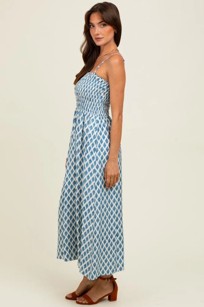 Blue Diamond Print Smocked Midi Dress - Image 3