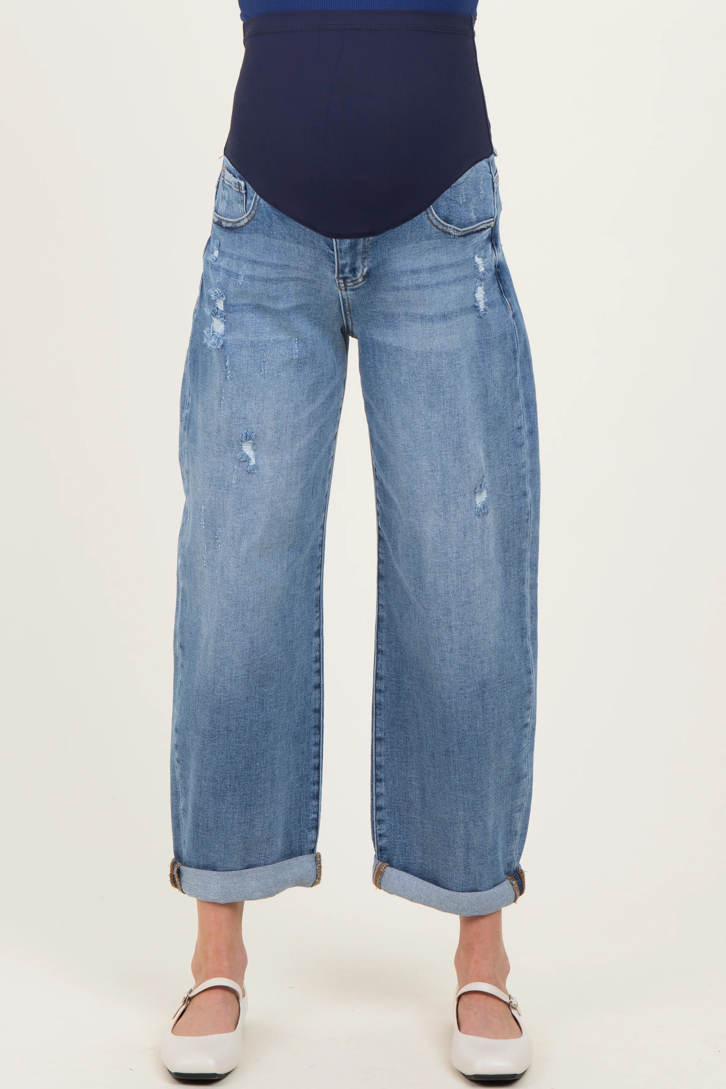 Blue Distressed Cuffed Ankle Barrel Leg Maternity Jeans - Image 2