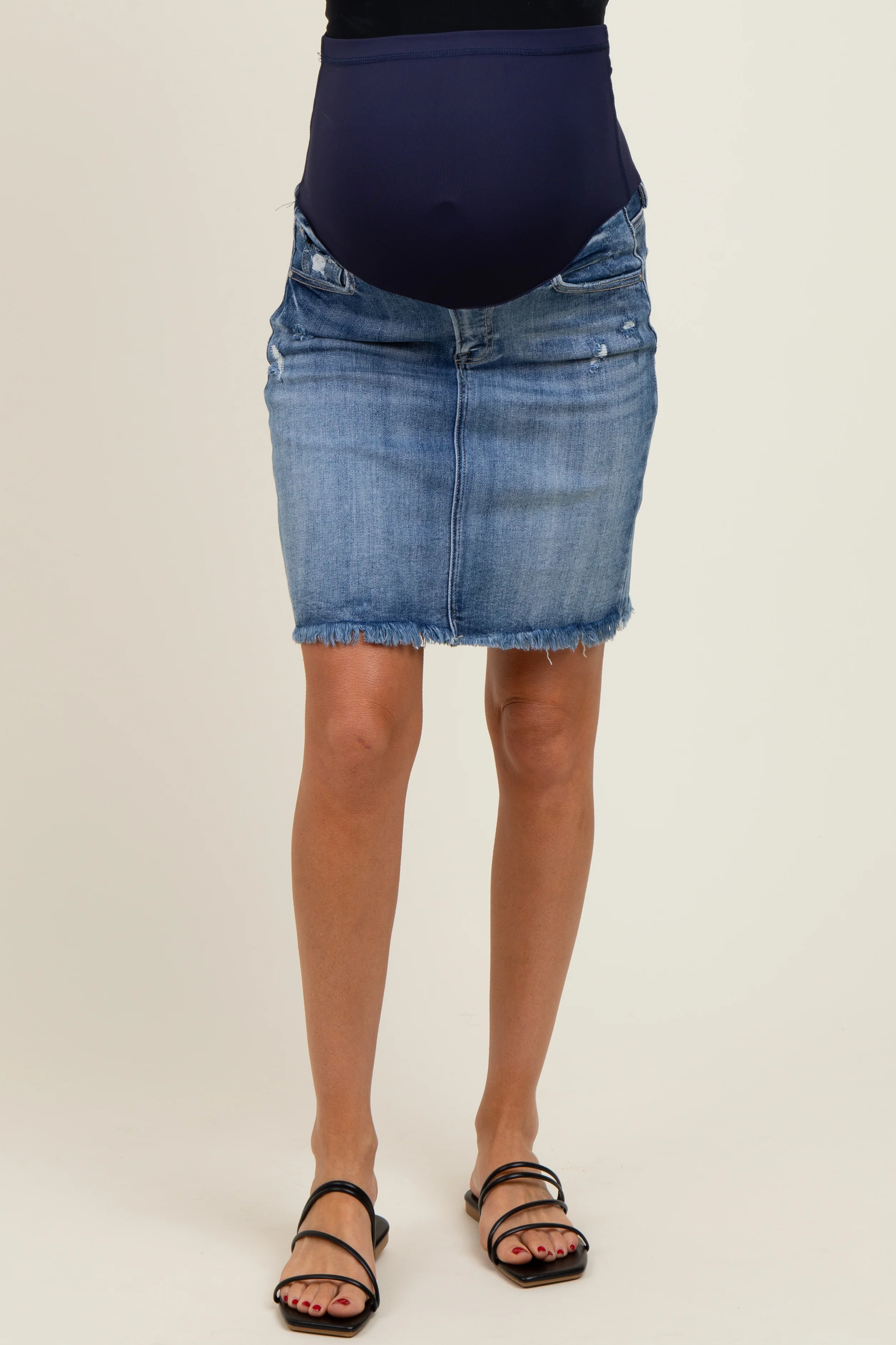 Blue Distressed Fringe Hem Maternity Mini Denim Skirt - Image 2
