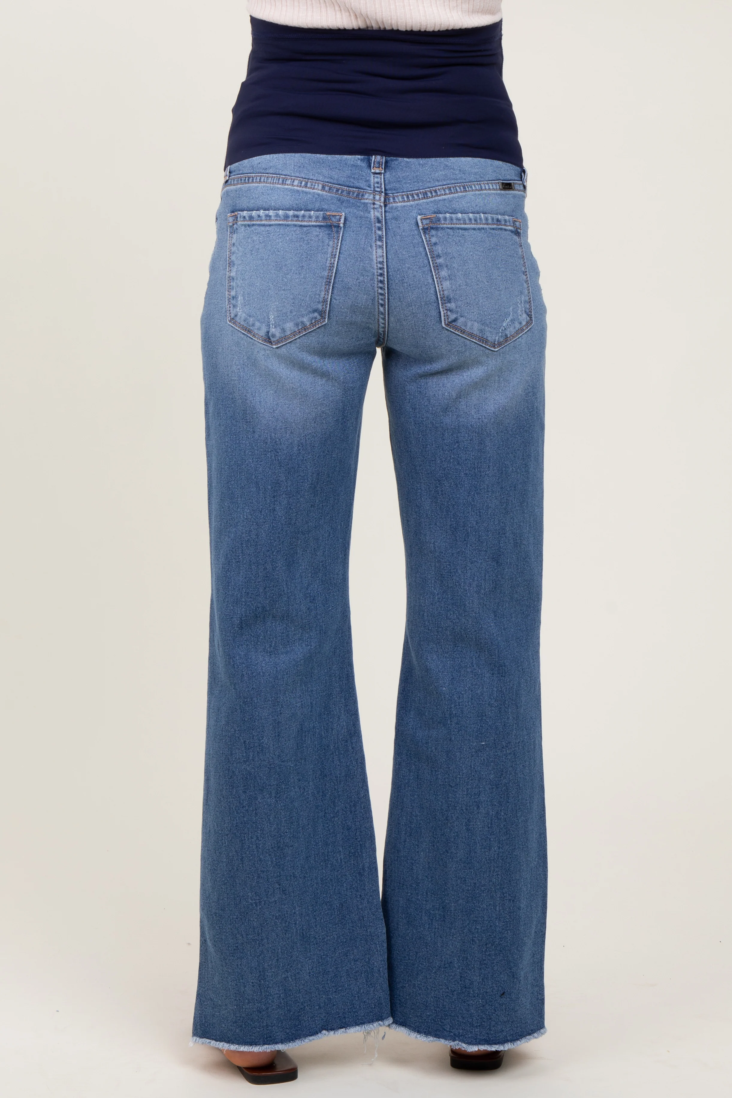 Blue Distressed Fringe Hi-Lo Hem Cropped Flare Maternity Jeans - Image 5