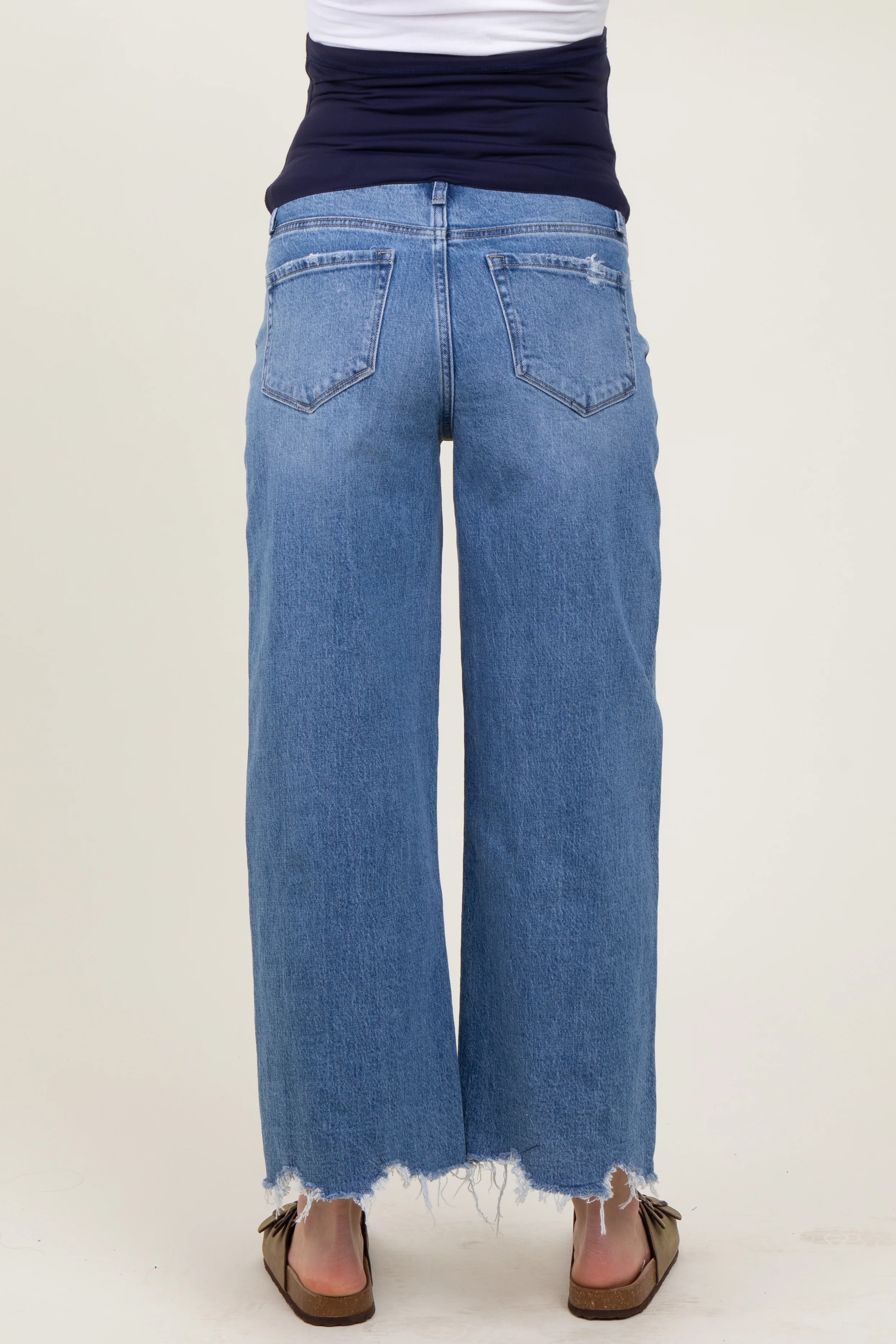 Blue Distressed Fringe Open Knee Cropped Wide Leg Maternity Jeans - Image 5