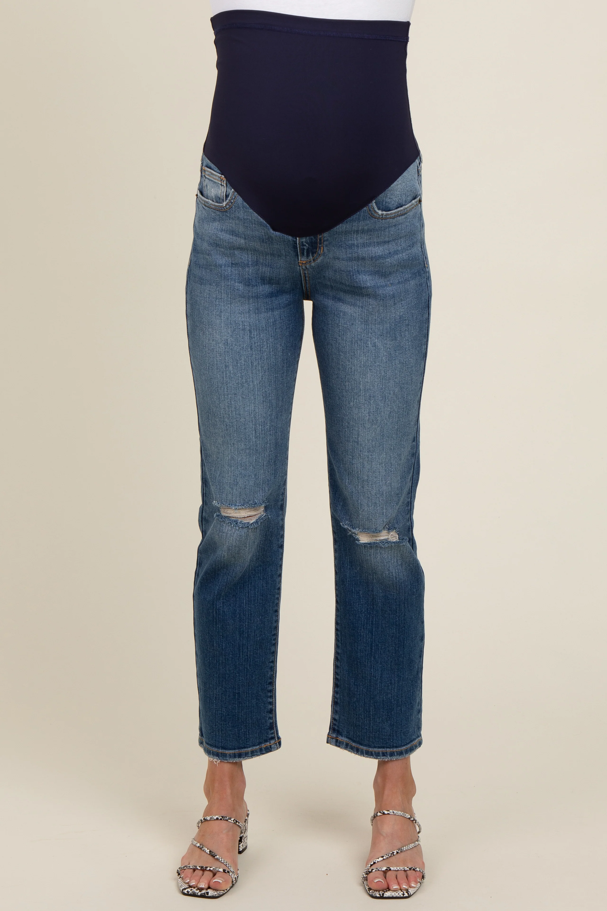 Blue Distressed Knee Slim Fit Maternity Jeans - Image 3