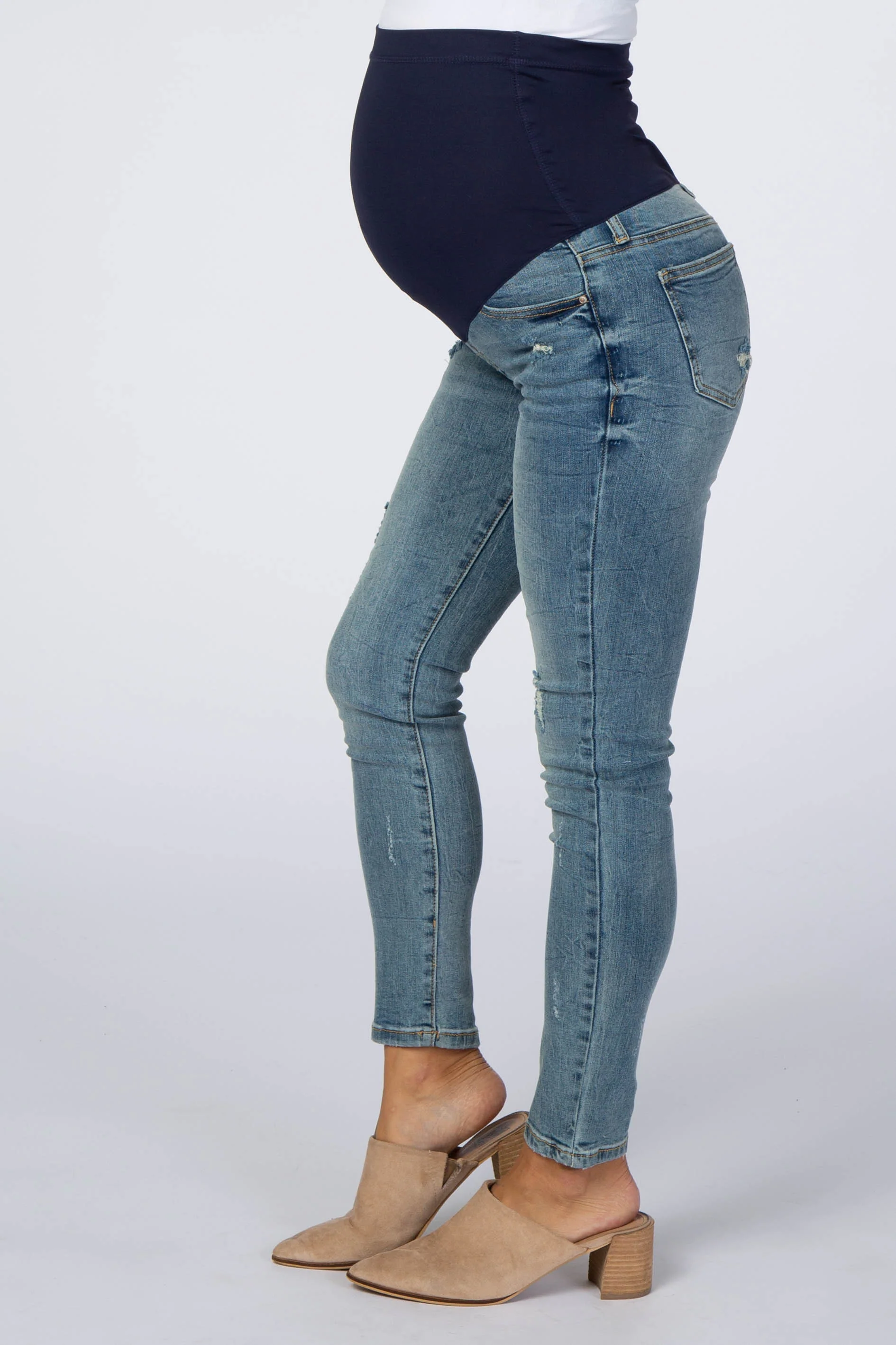Blue Distressed Maternity Skinny Jeans - Image 3