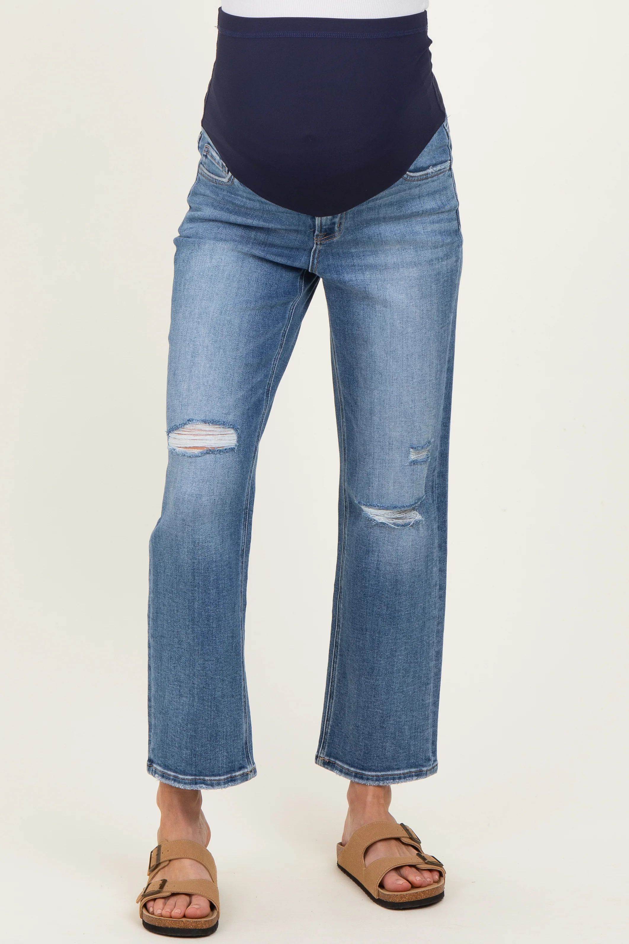 Blue Distressed Open Knee Ankle Straight Leg Maternity Jeans - Image 3