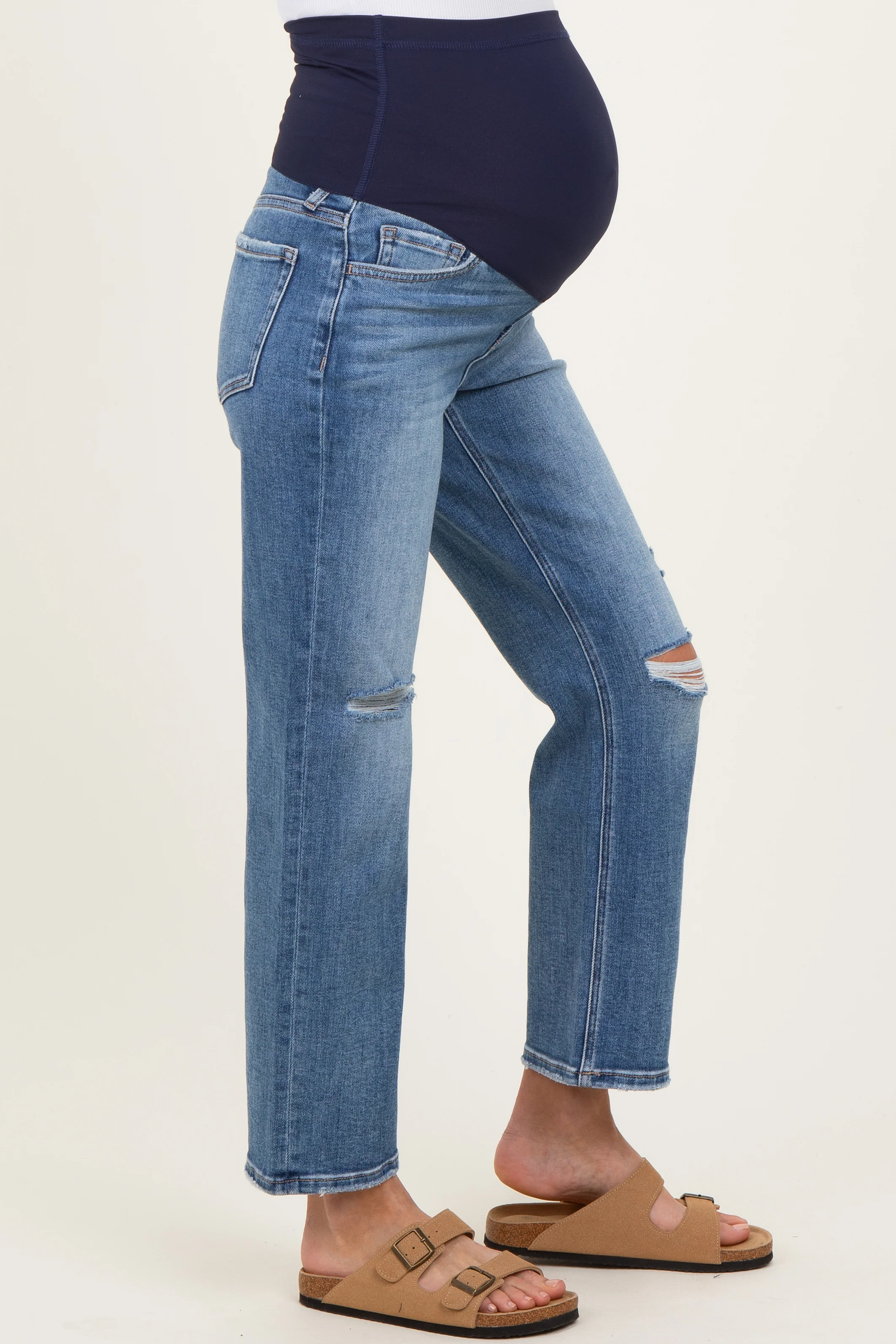 Blue Distressed Open Knee Ankle Straight Leg Maternity Jeans - Image 4