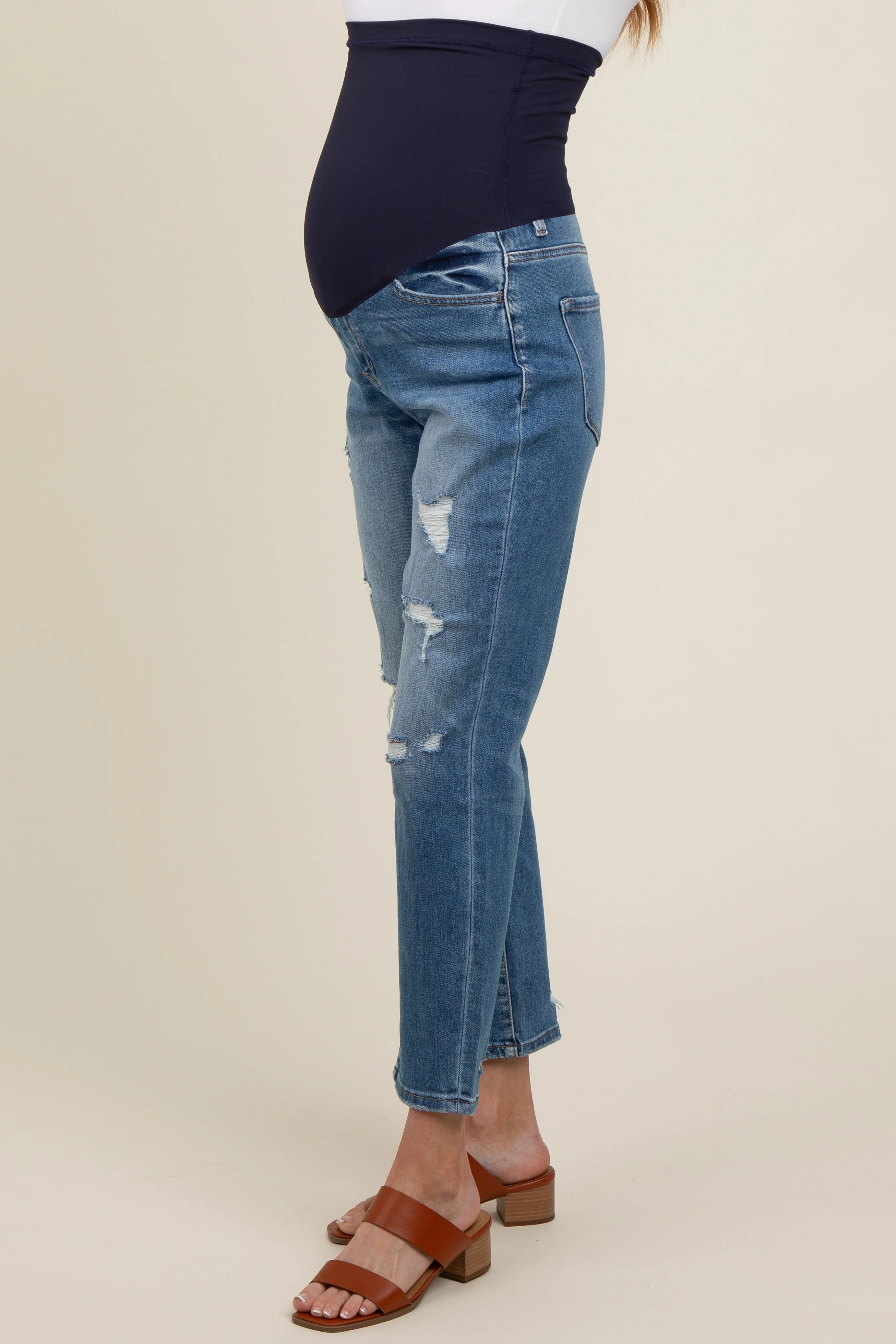 Blue Distressed Open Knee Cropped Straight Leg Maternity Jeans - Image 3