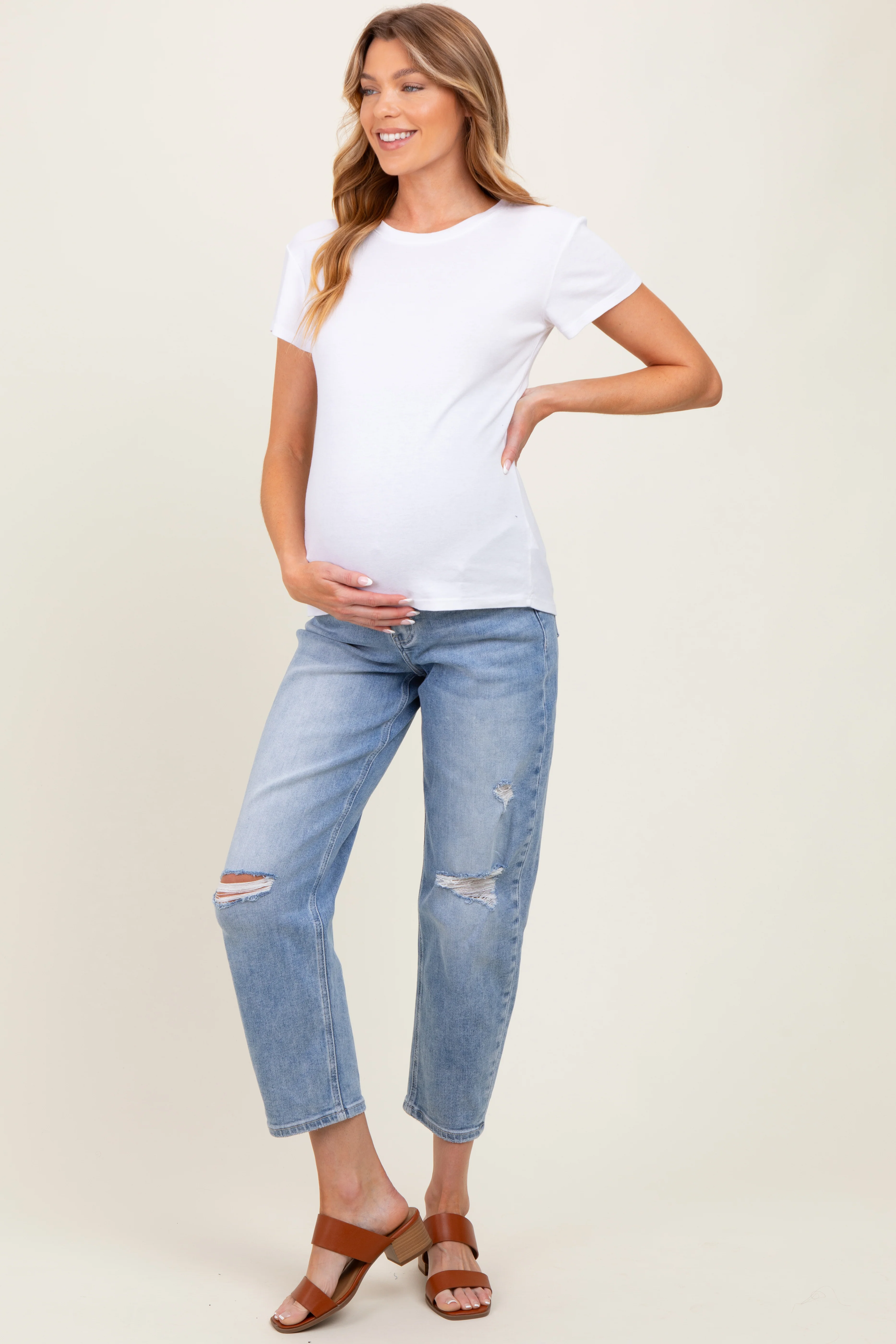 Blue Distressed Open Knee Straight Leg Ankle Maternity Jeans - Image 2