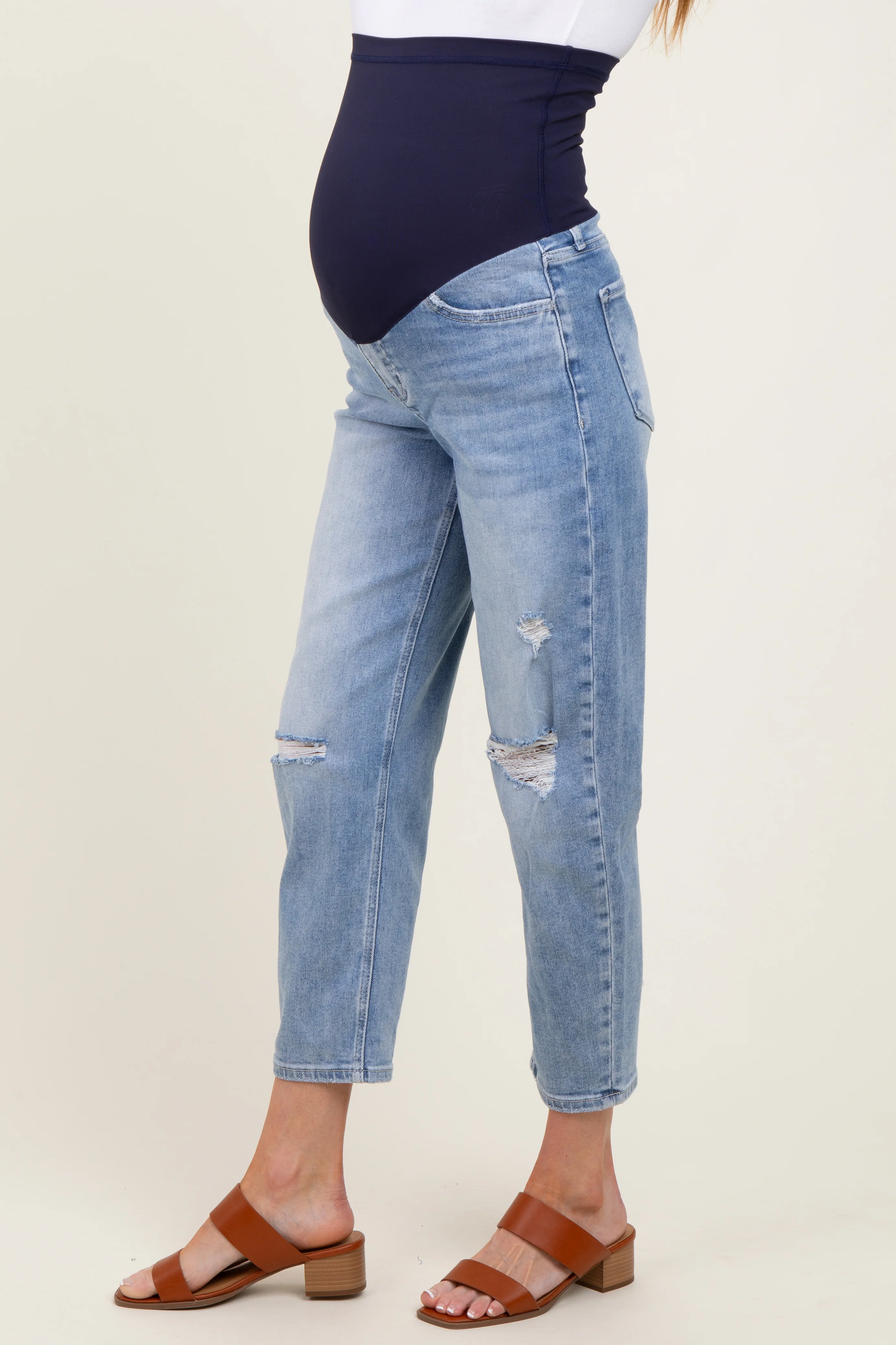 Blue Distressed Open Knee Straight Leg Ankle Maternity Jeans - Image 4