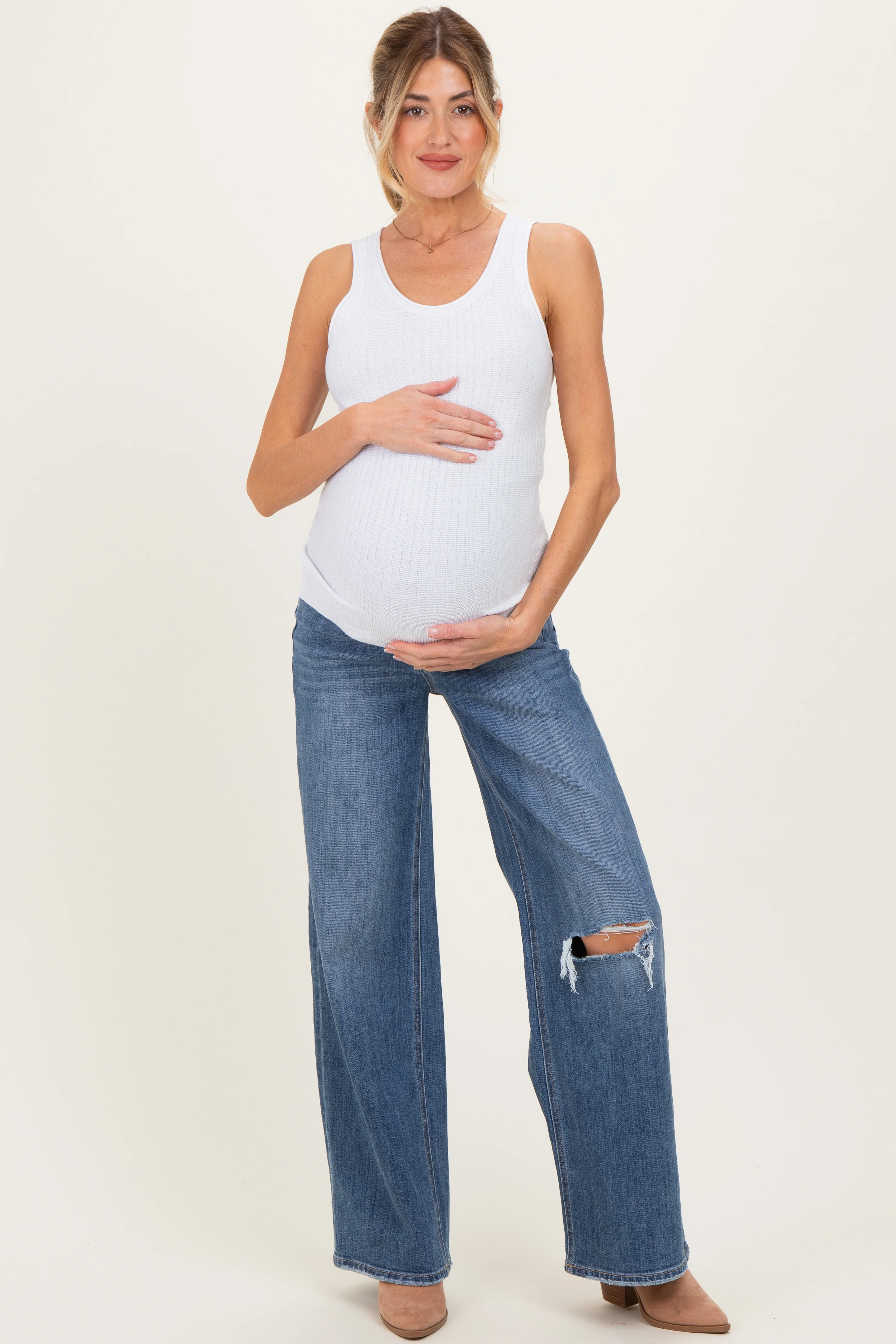 Blue Distressed Open Knee Wide Leg Maternity Jeans - Image 2