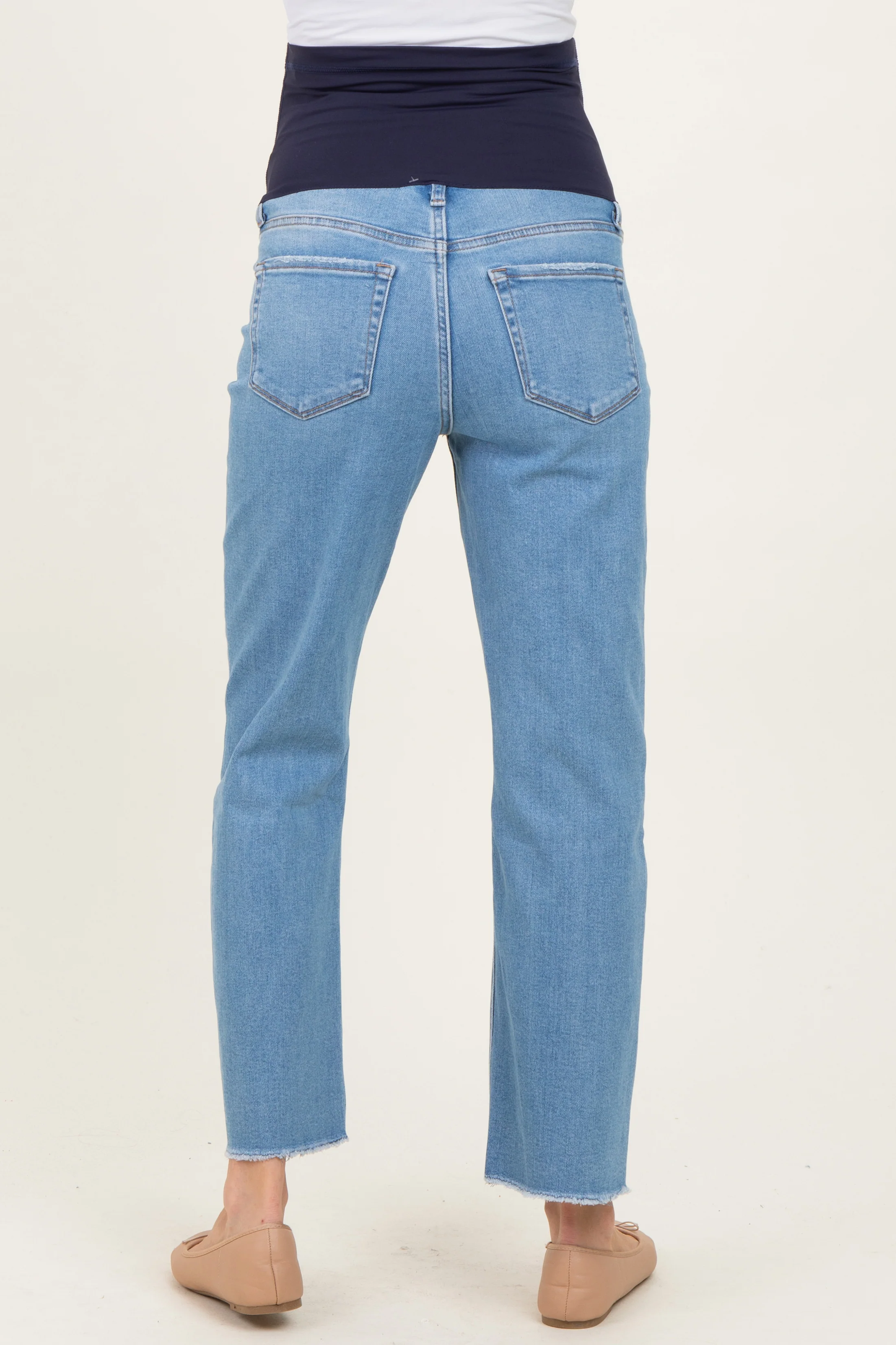 Blue Distressed Raw Hem Cropped Straight Leg Maternity Jeans - Image 4
