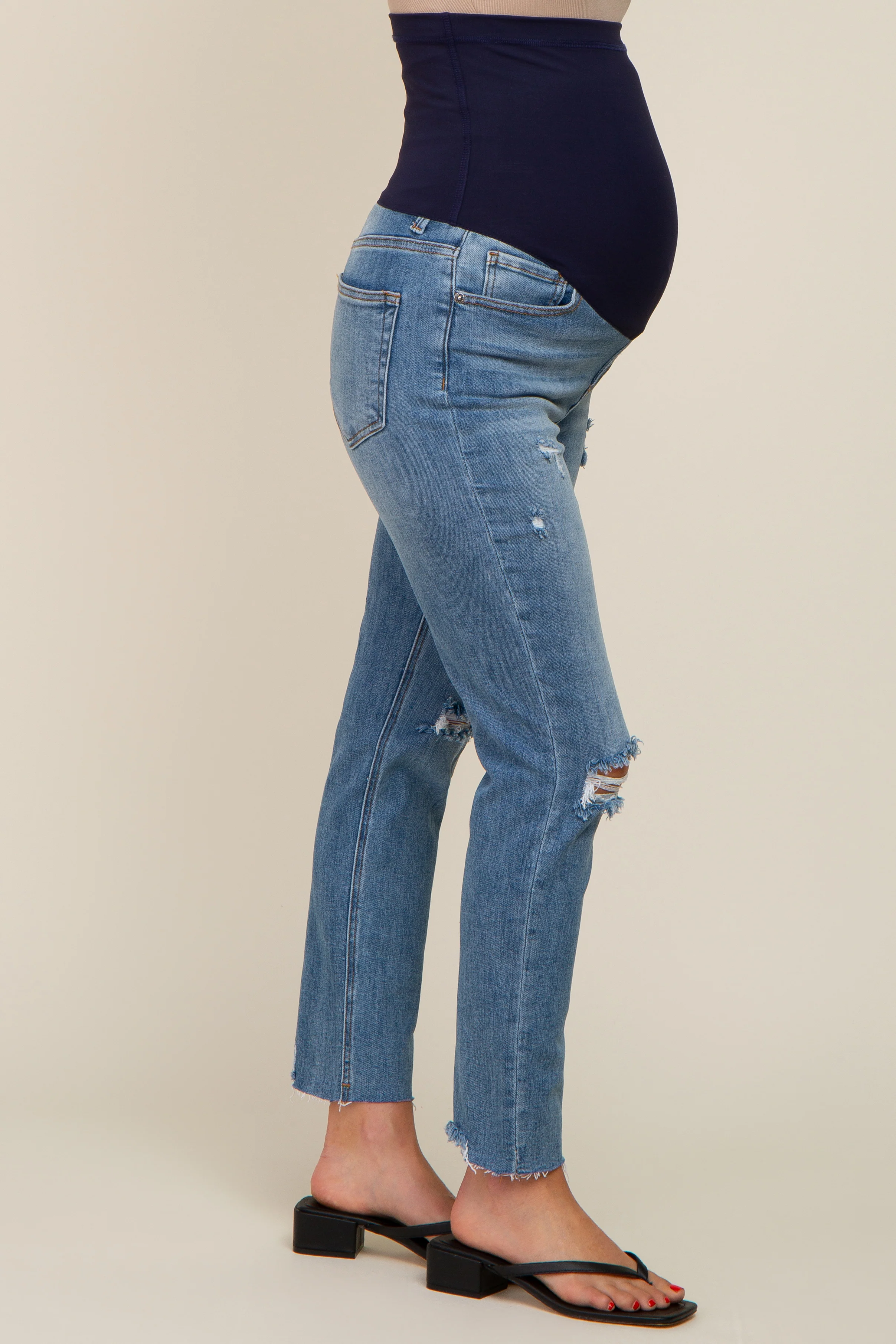 Blue Distressed Raw Hem Maternity Jeans - Image 3