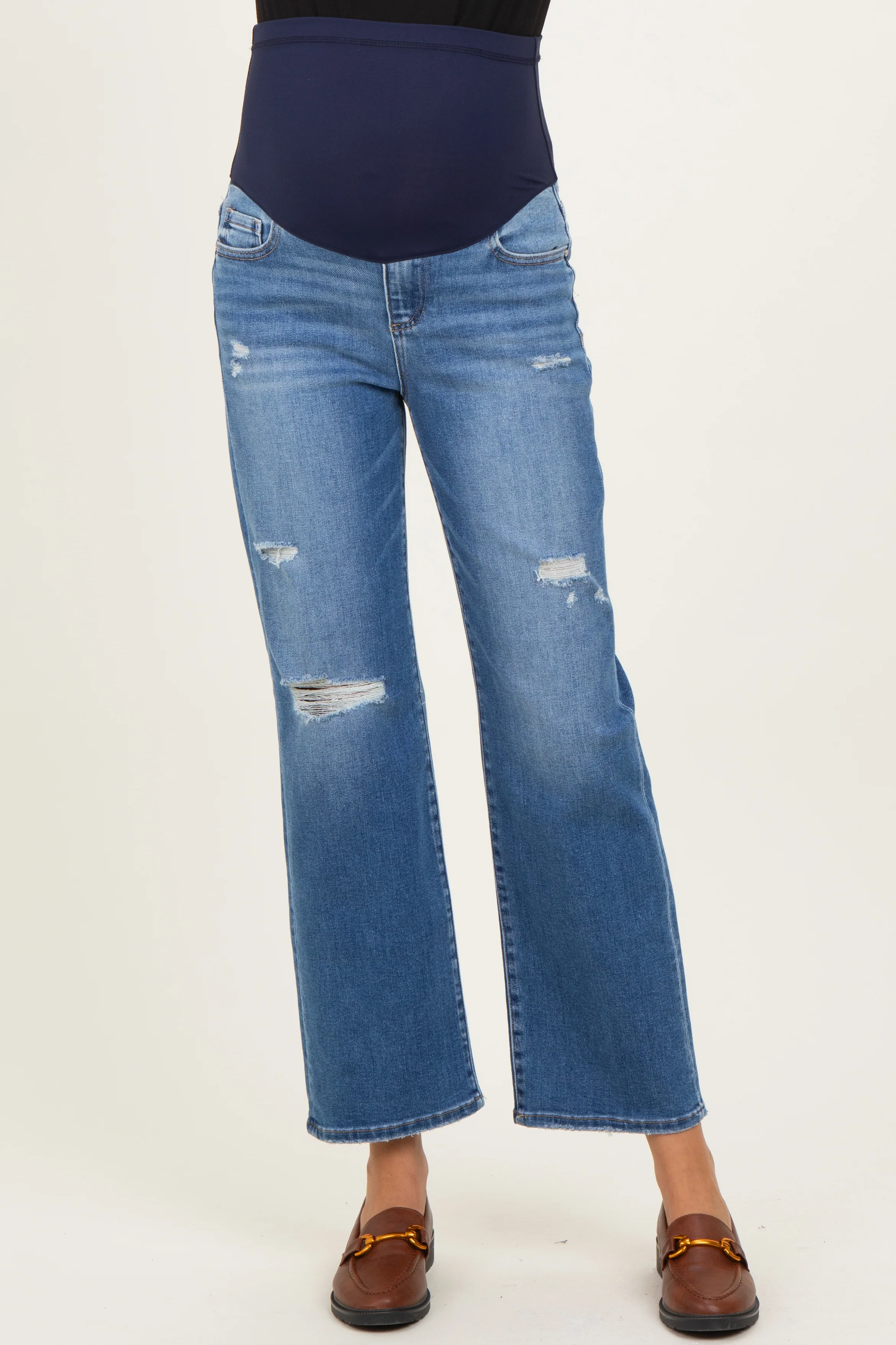 Blue Distressed Ripped Knee Straight Leg Maternity Jeans - Image 3
