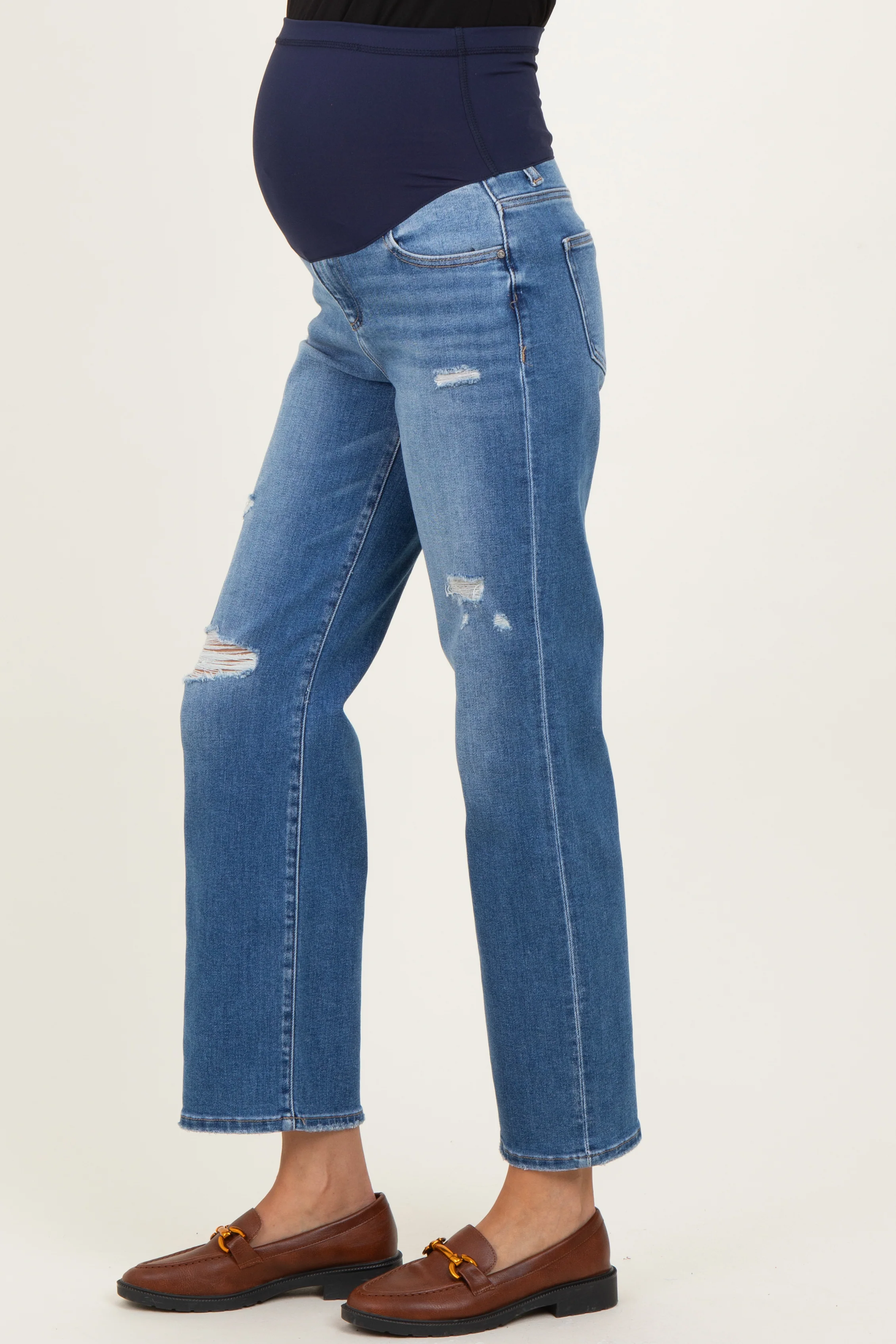 Blue Distressed Ripped Knee Straight Leg Maternity Jeans - Image 4