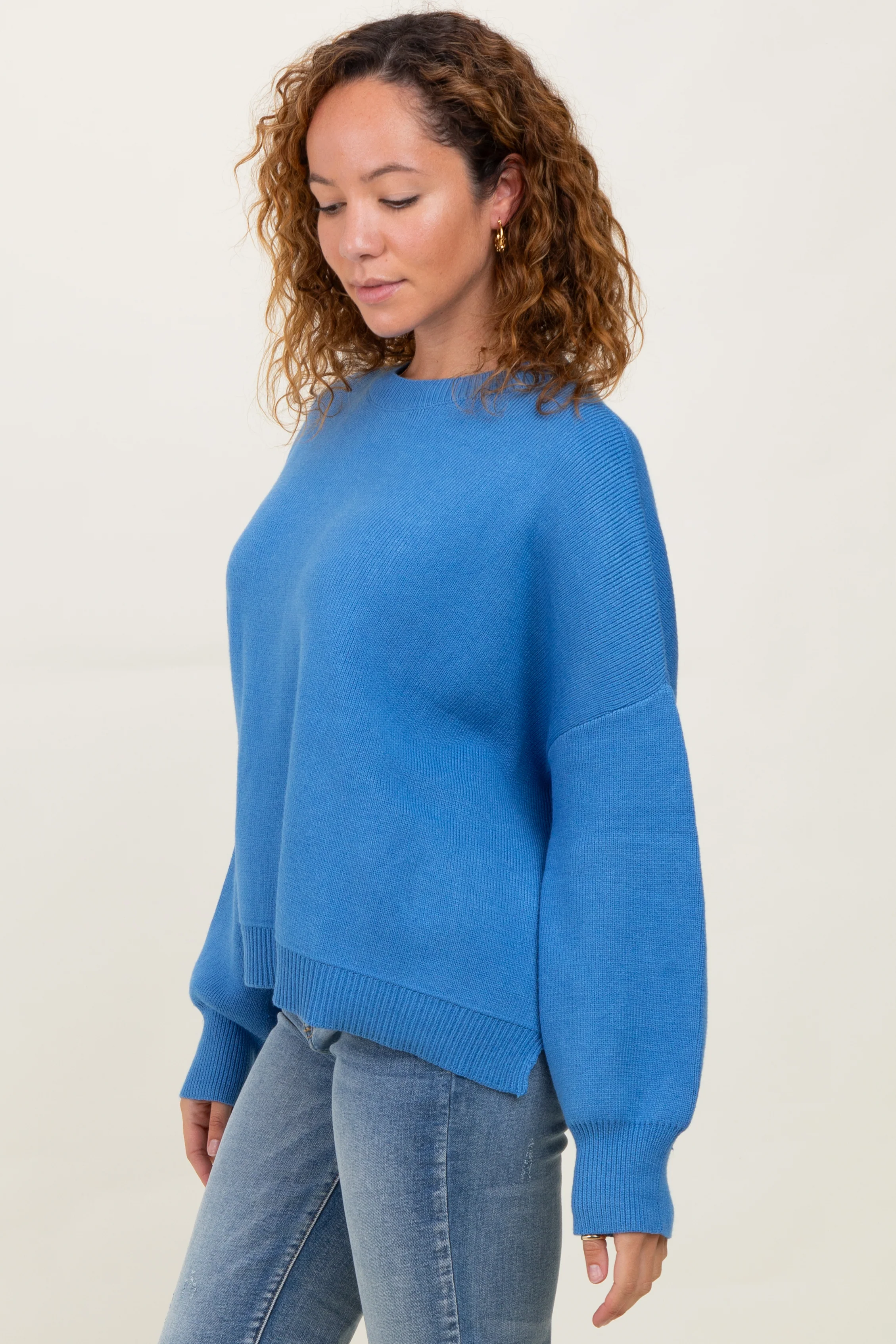 Blue Drop Shoulder Relaxed Fit Sweater - Image 3