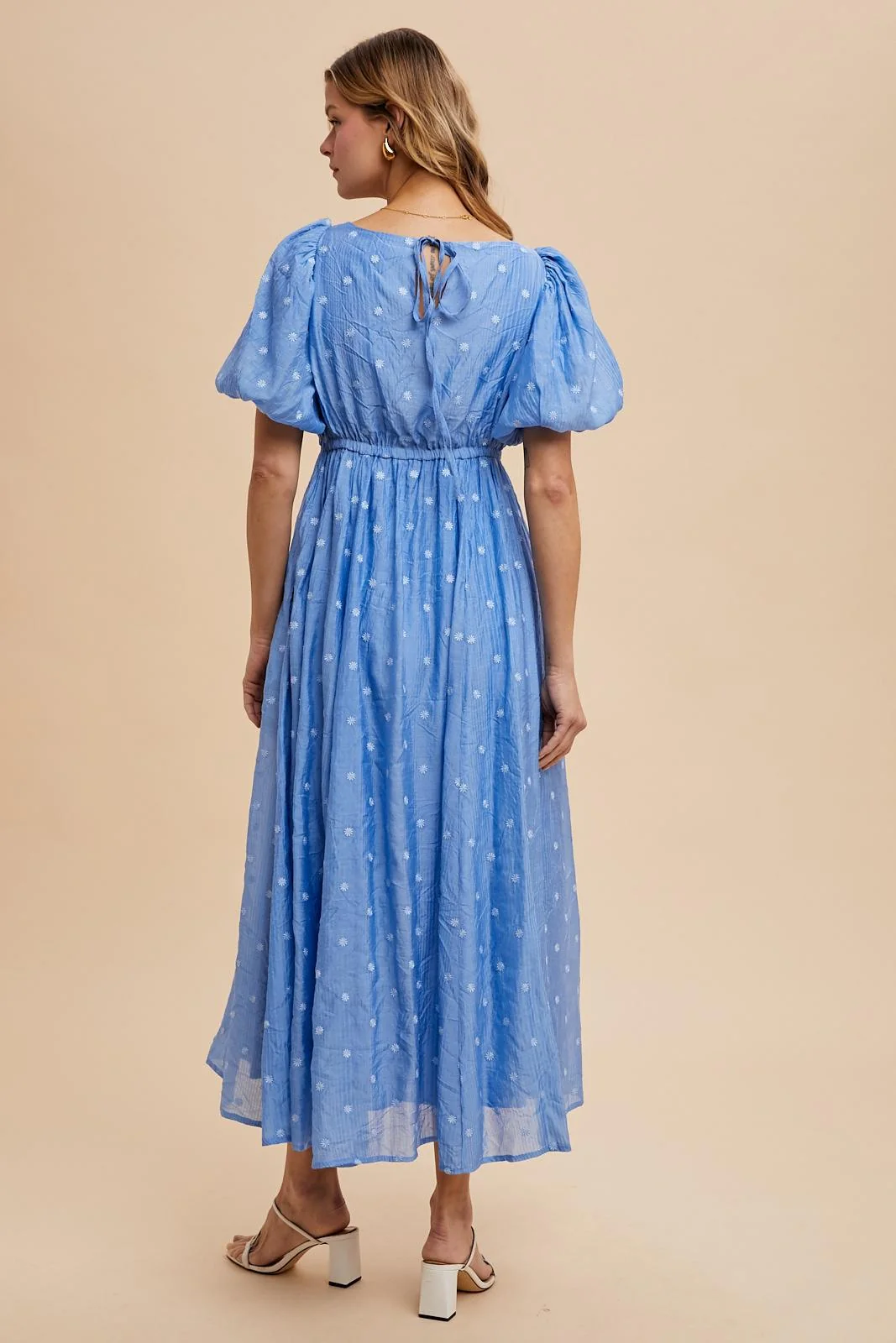 Blue Embroidered Shirred Puff Sleeve Maxi Dress - Image 4