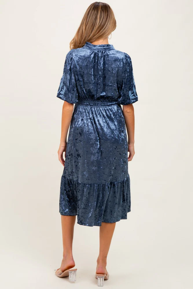 Blue Embroidered Velvet Smocked Waist Maternity Midi Dress - Image 4