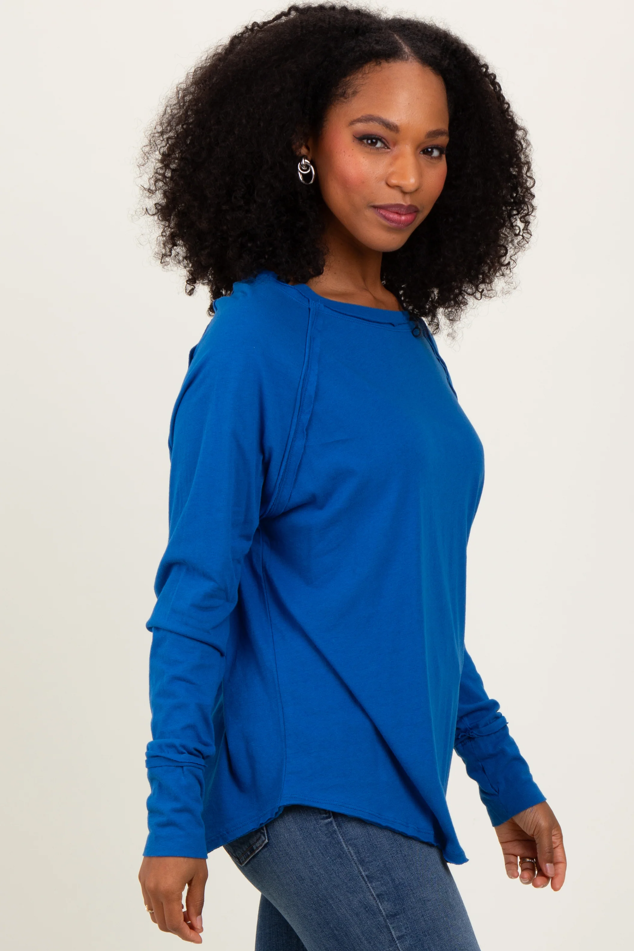 Blue Exposed Seam Thumbhole Long Sleeve Top - Image 3