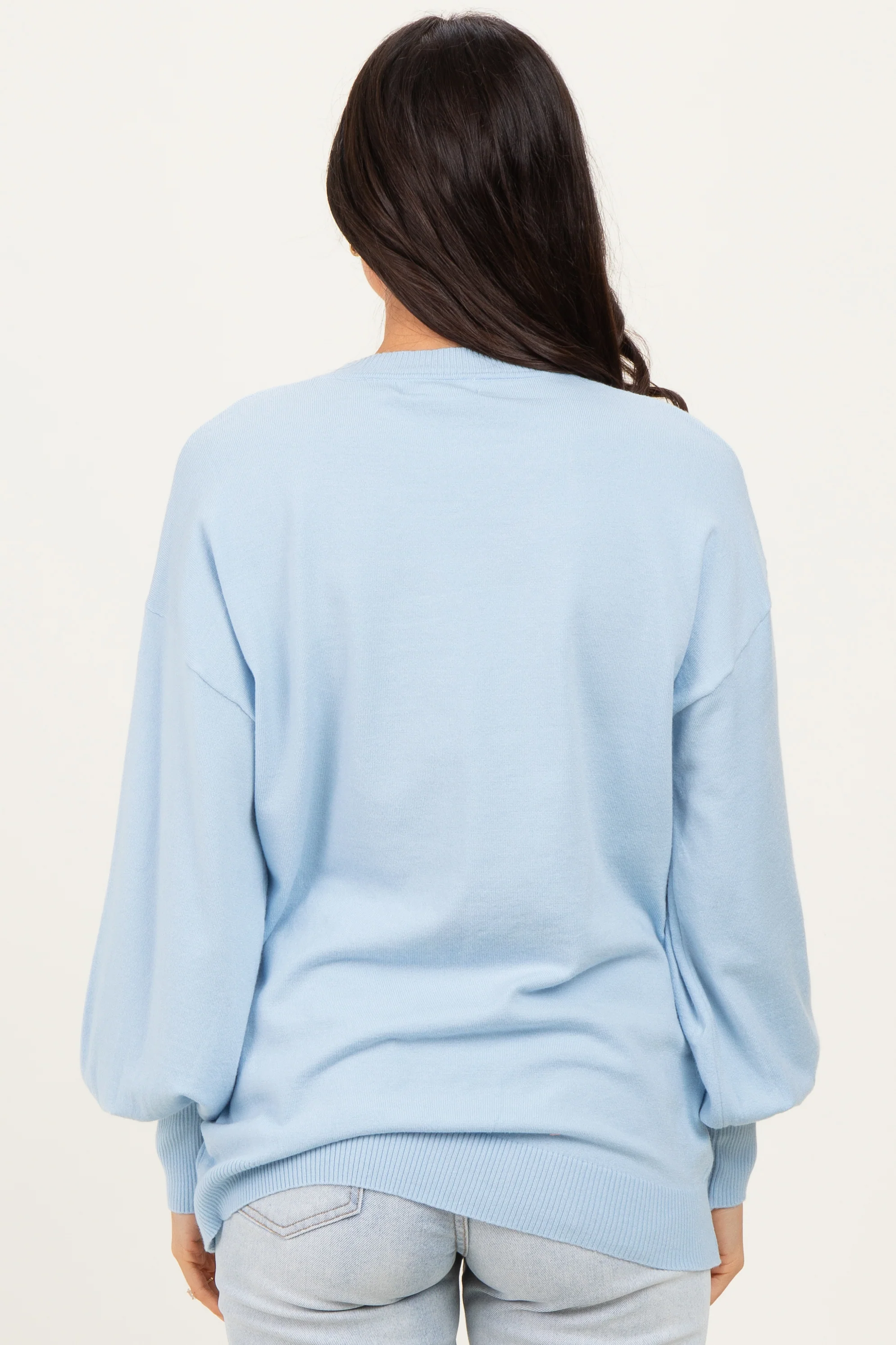 Blue Fine Knit Balloon Sleeve Sweater - Image 4