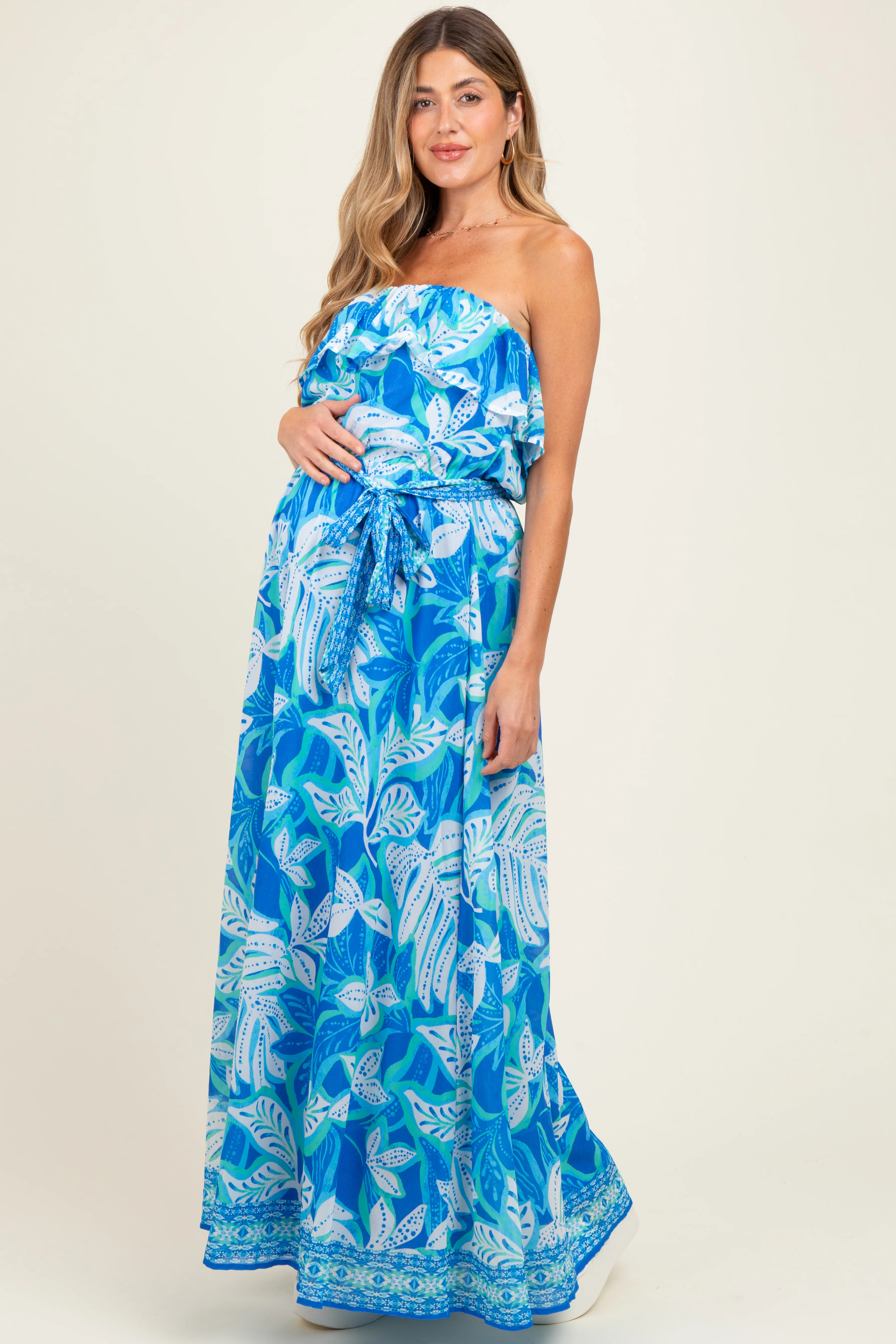 Blue Floral Chiffon Flounce Strapless Maternity Maxi Dress - Image 3