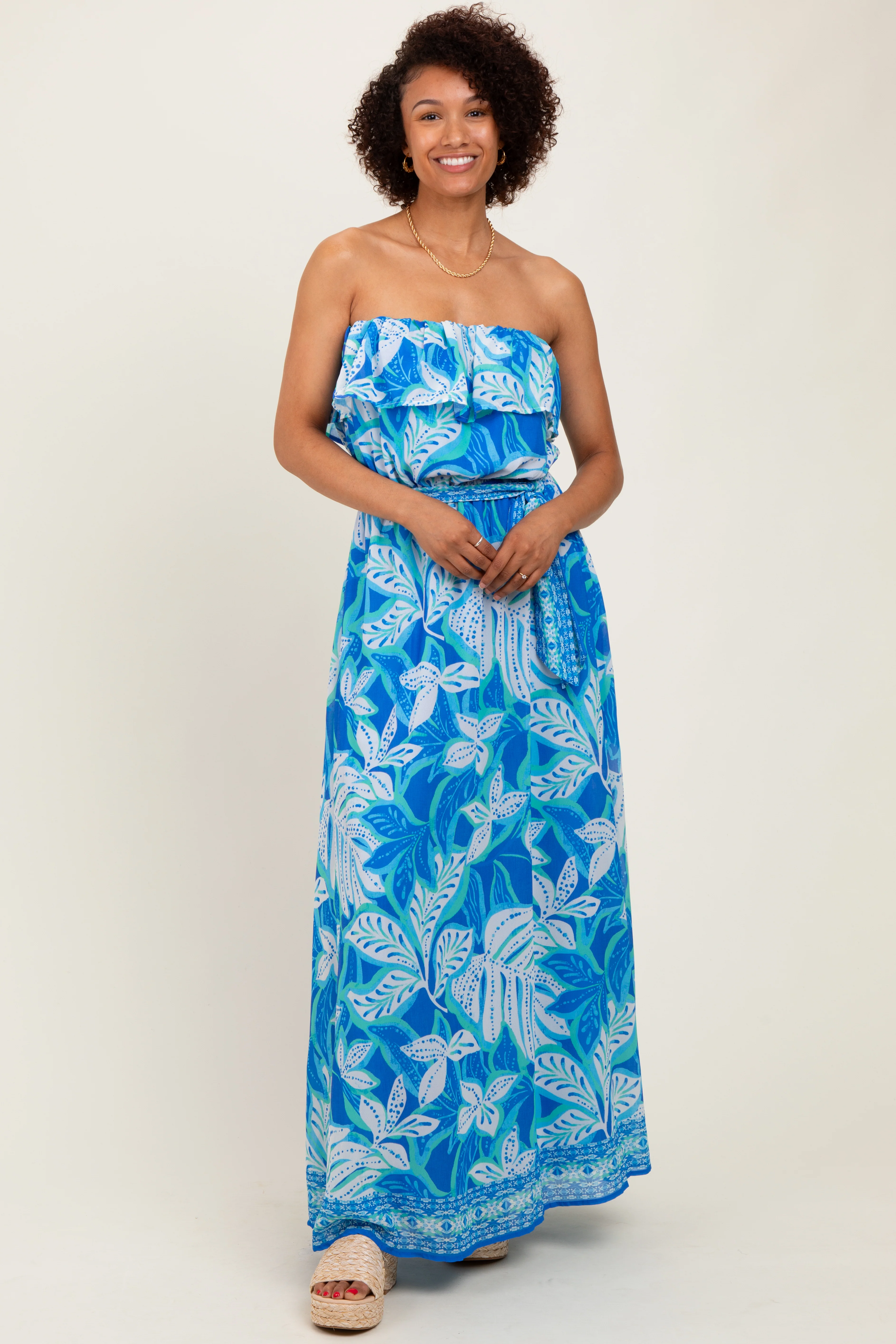 Blue Floral Chiffon Flounce Strapless Maxi Dress - Image 2