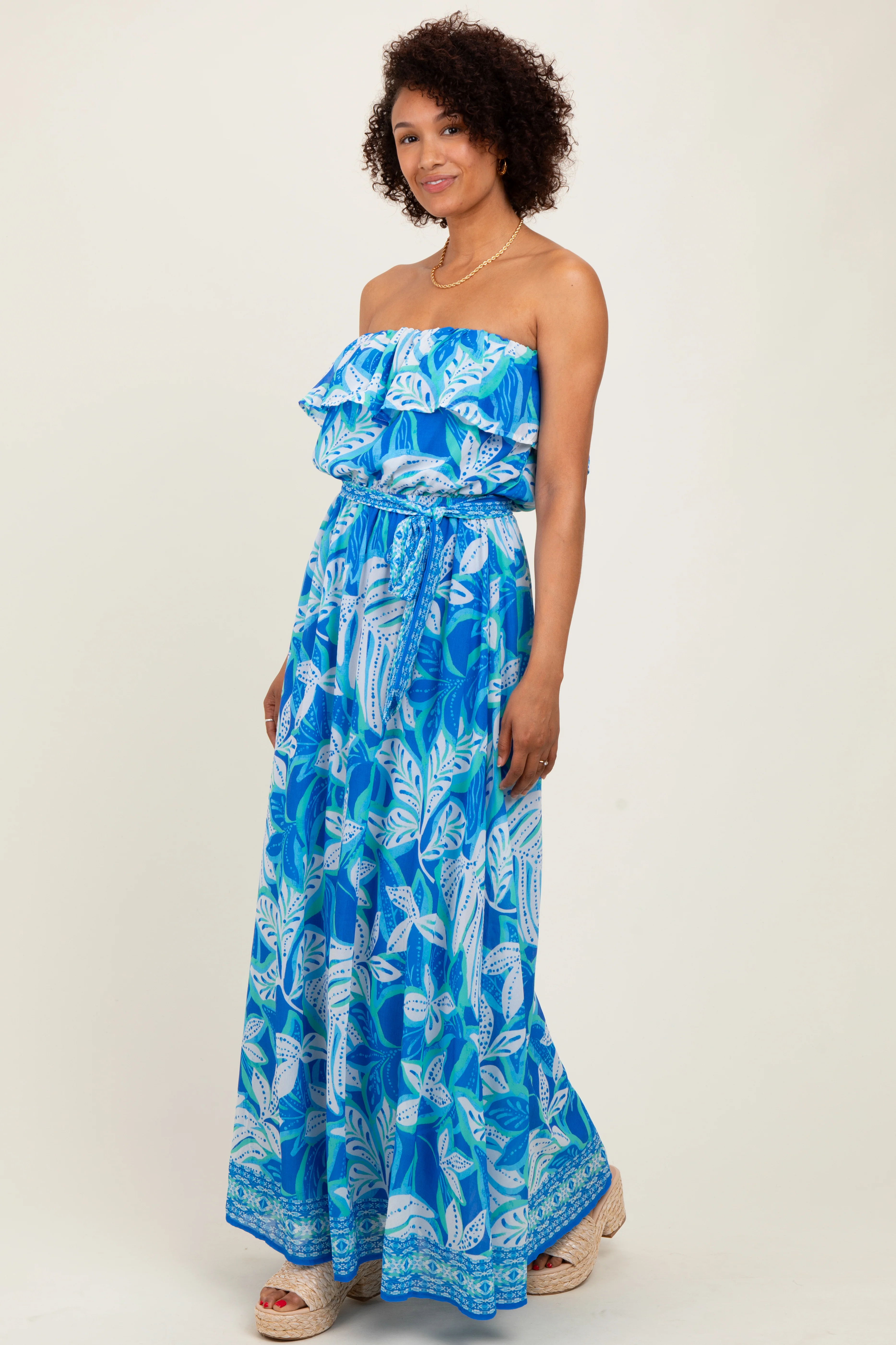 Blue Floral Chiffon Flounce Strapless Maxi Dress - Image 3