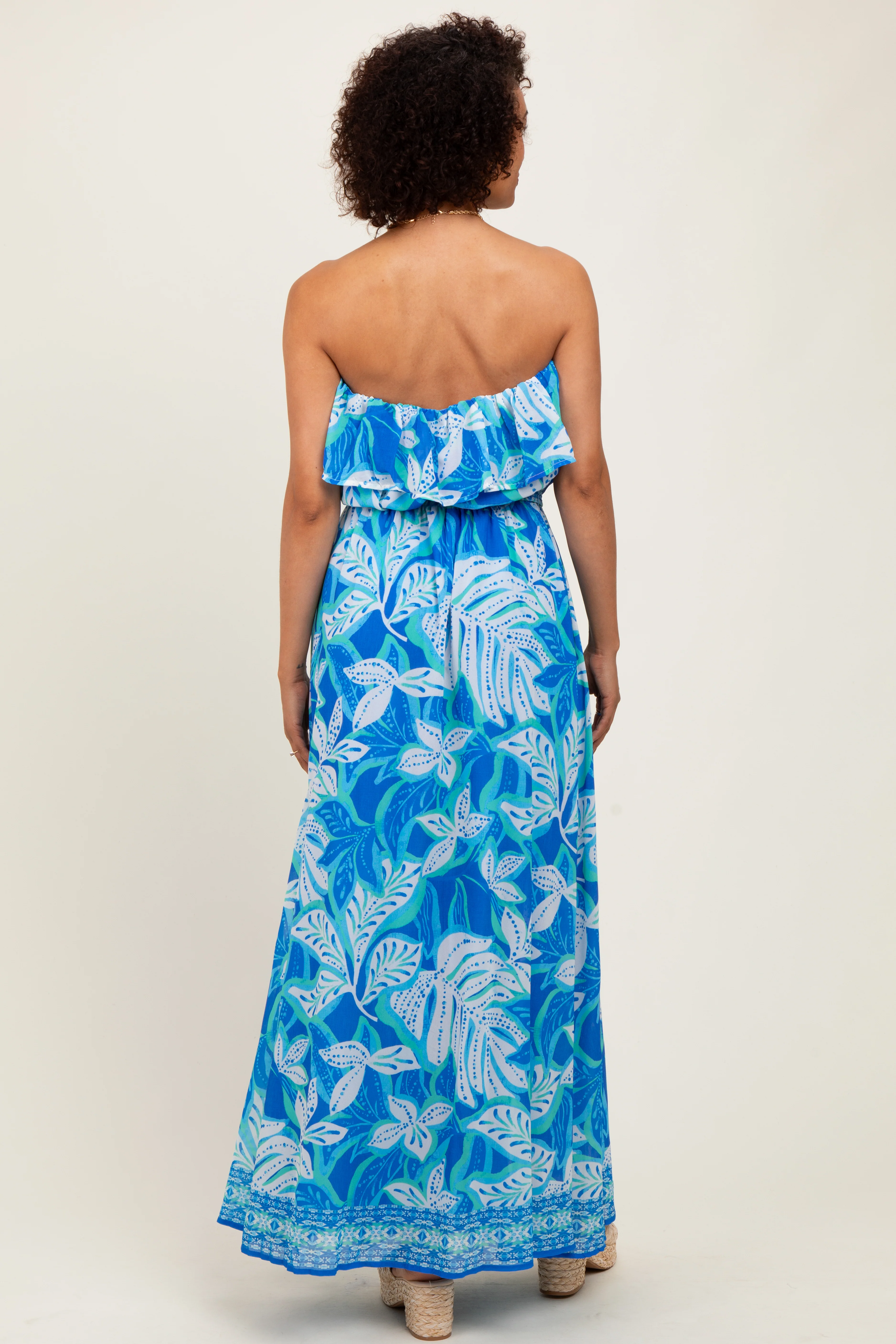 Blue Floral Chiffon Flounce Strapless Maxi Dress - Image 4