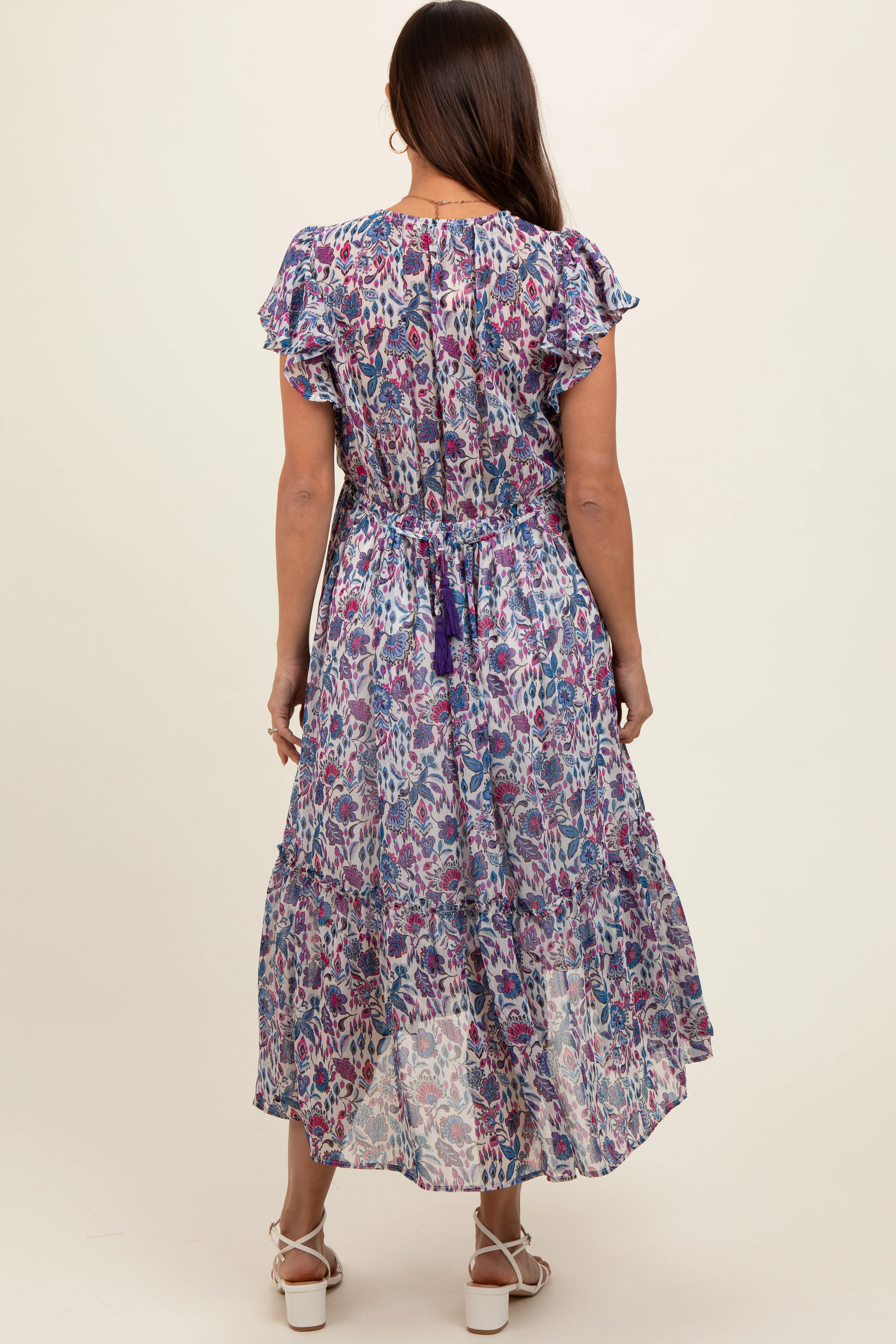 Blue Floral Chiffon Flutter Sleeve Ruffle Hem Maternity Midi Dress - Image 4