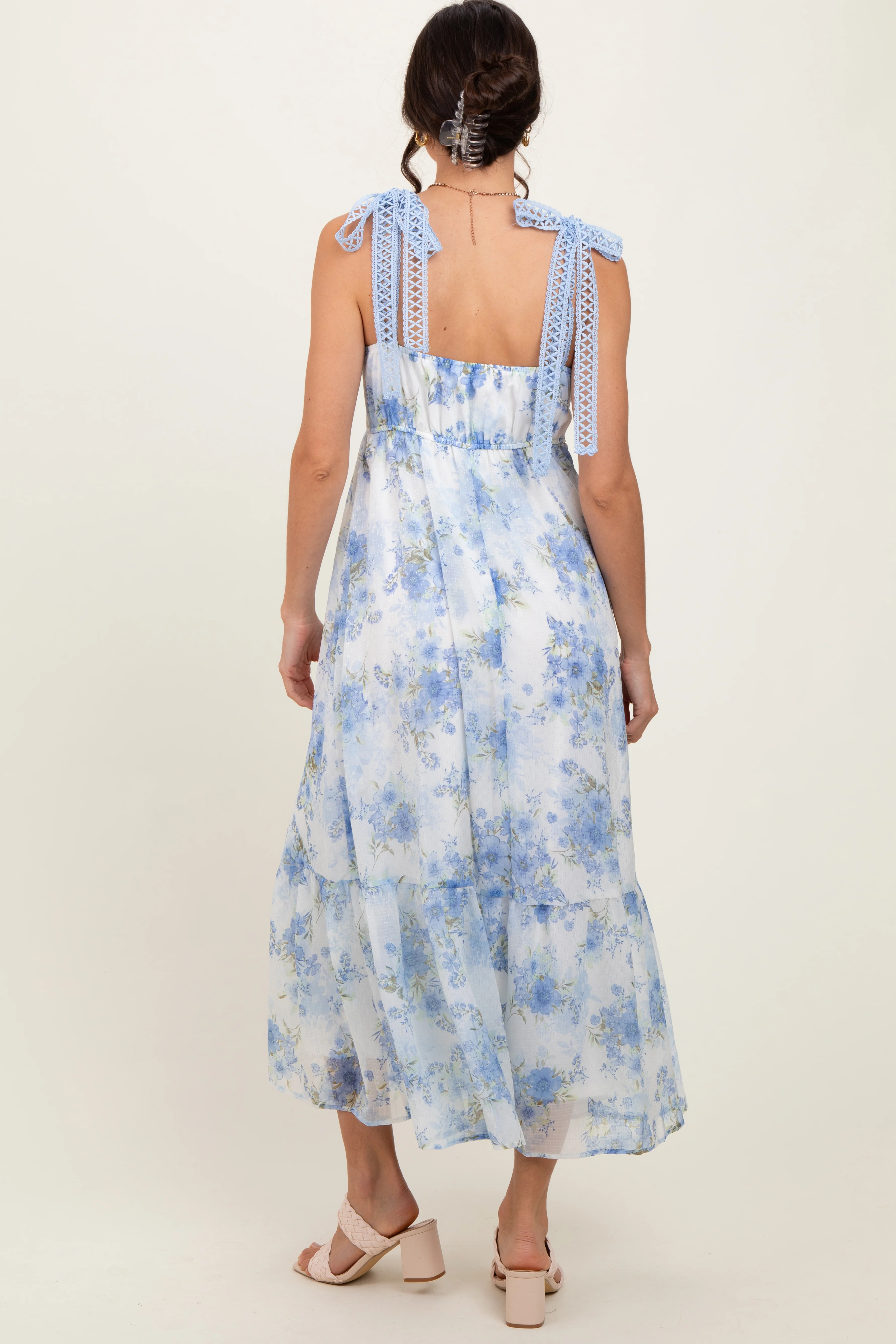 Blue Floral Chiffon Overlay Lace Shoulder Tie Midi Dress - Image 4
