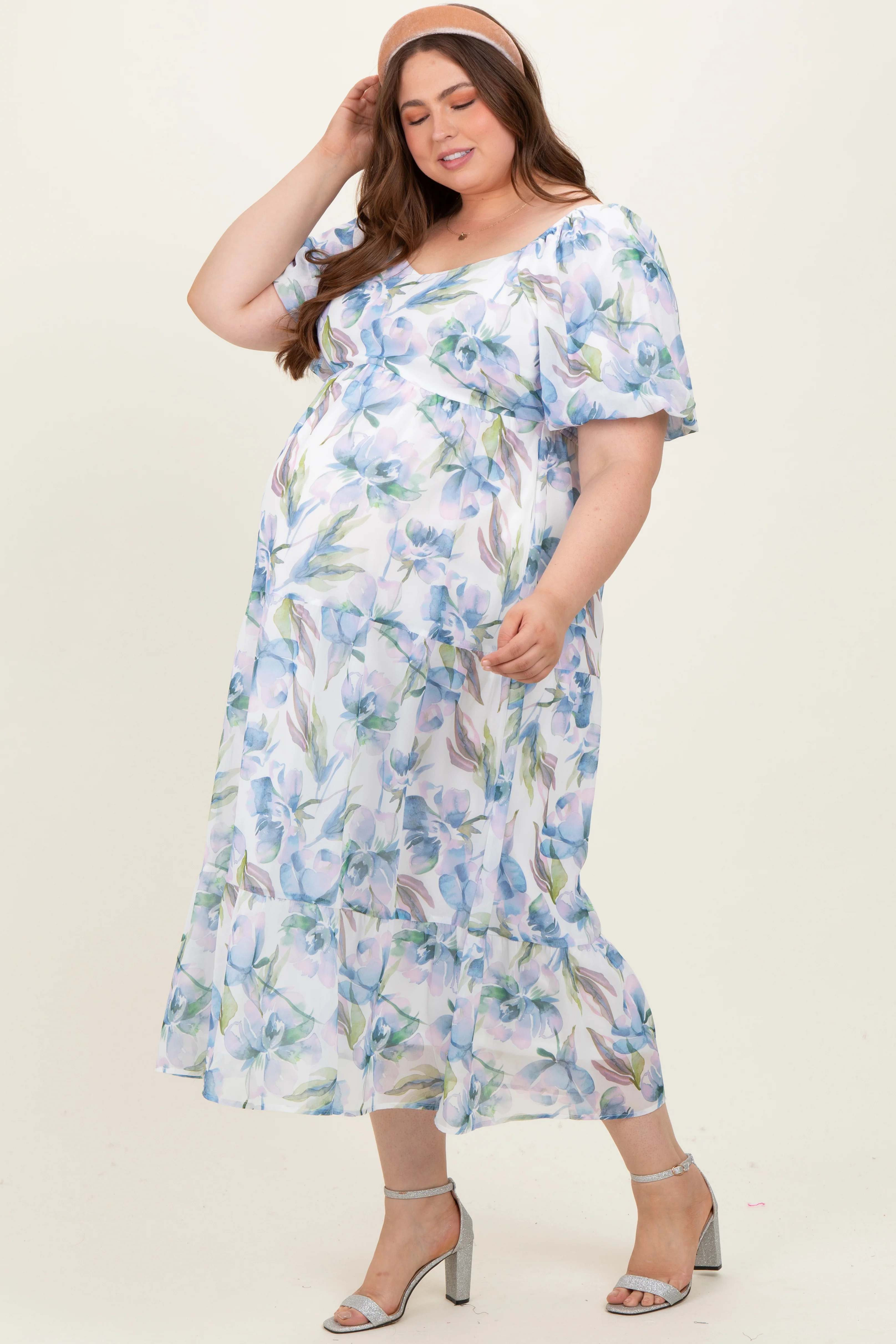 Blue Floral Chiffon Puff Sleeve Maternity Plus Midi Dress - Image 3