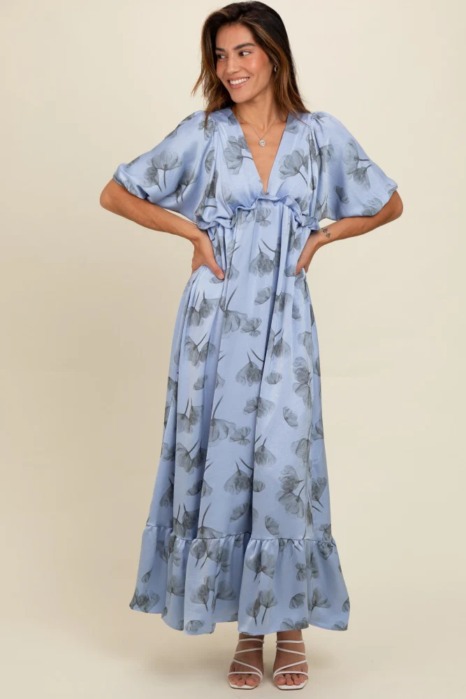 Blue Floral Chiffon Ruffle Accent Maternity Maxi Dress - Image 4