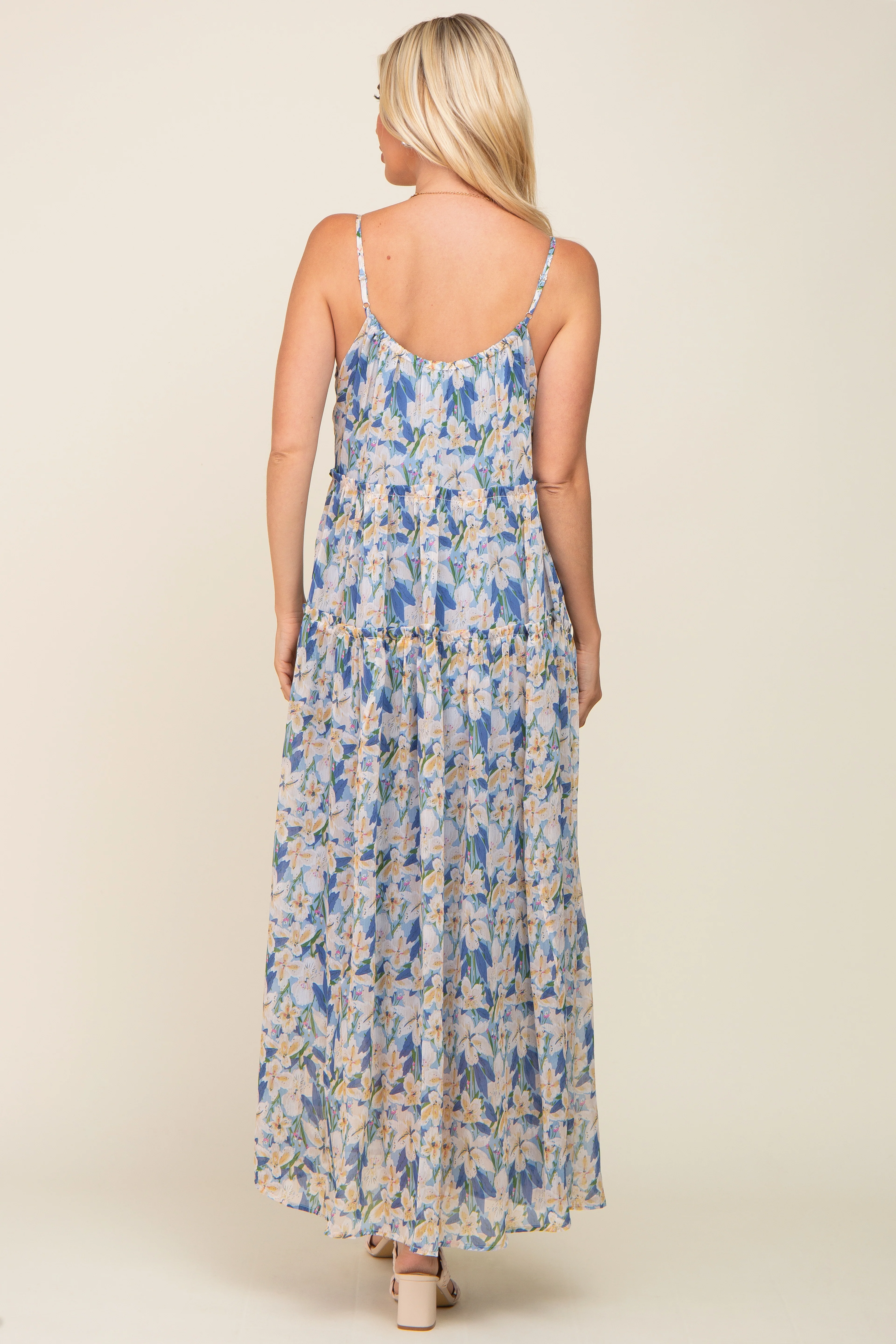 Blue Floral Chiffon Sleeveless Maxi Dress - Image 3